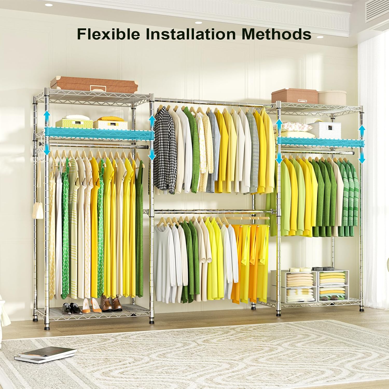 Ulif E1 Heavy Duty Closet Garment Rack, 6 Tiers Adjustable Metal Freestanding Expandable Clothing Storage with 4 Hanger Rods, Easy to Assemble Wardrobe, 71.4' H x (70' - 88.2') L x 14' D, Chrome