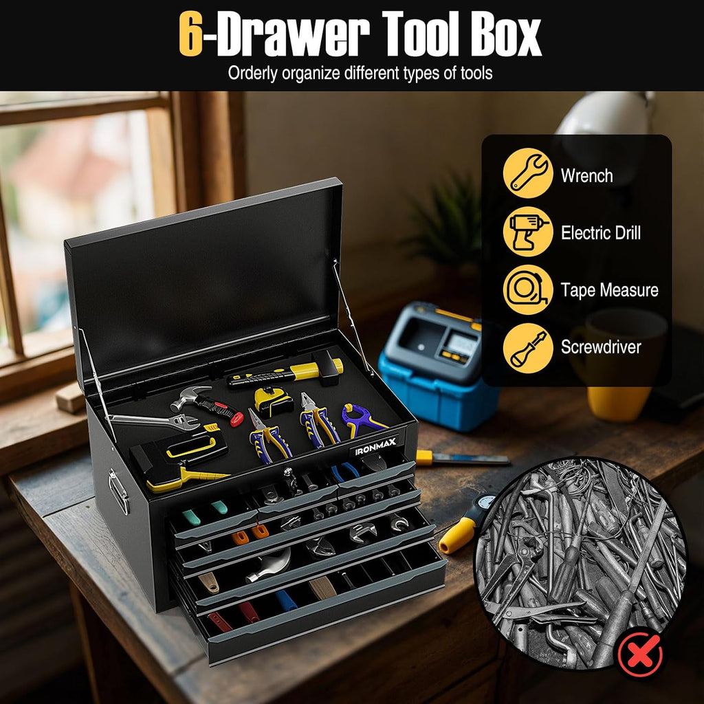 IRONMAX Small Tool Box, 24' Lockable Steel Toolbox with 6 Drawers & Top Tray, Heavy Duty Tool Chest Cabinet Storage Organizer for Garage, Workshop, Repair Shop, Warehouse (Black)