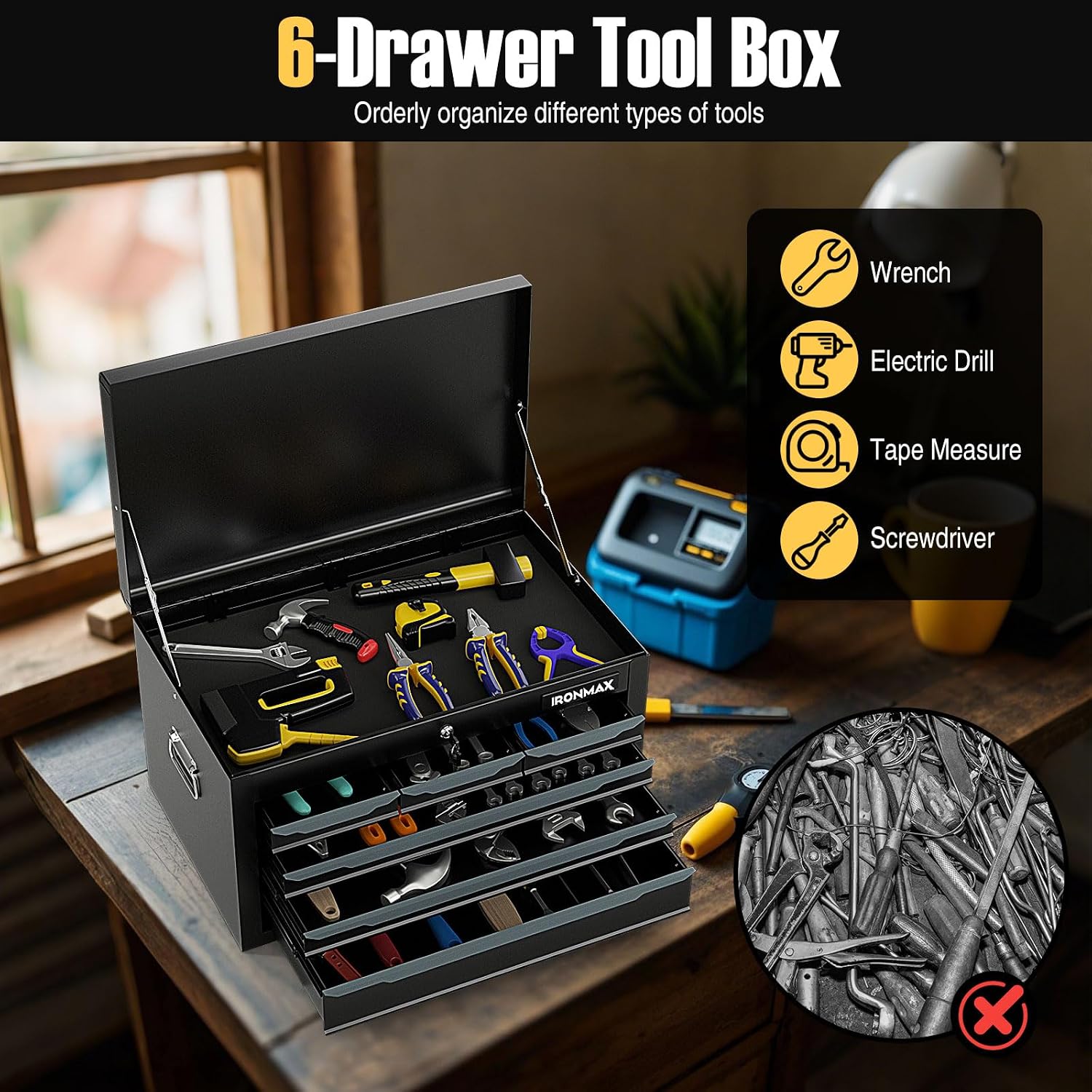 IRONMAX Small Tool Box, 24' Lockable Steel Toolbox with 6 Drawers & Top Tray, Heavy Duty Tool Chest Cabinet Storage Organizer for Garage, Workshop, Repair Shop, Warehouse (Black)