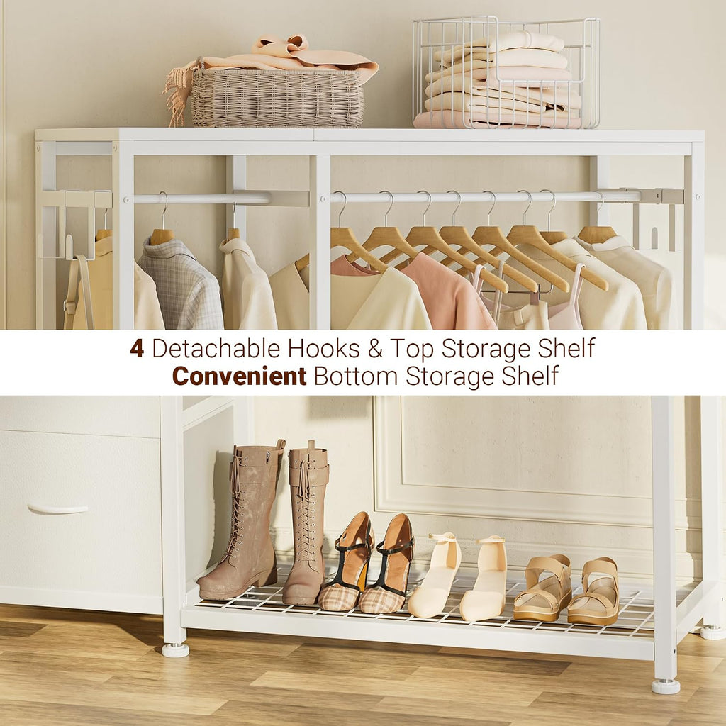 Lulive Clothes Rack with 2 Rods, Shelves, Drawers & Hooks, Garment Rack | Clothes rack with 2 hanging rods (50lbs each), 2 shelves, 2 fabric drawers & 4 hooks. 300lb total capacity. Fits small spaces