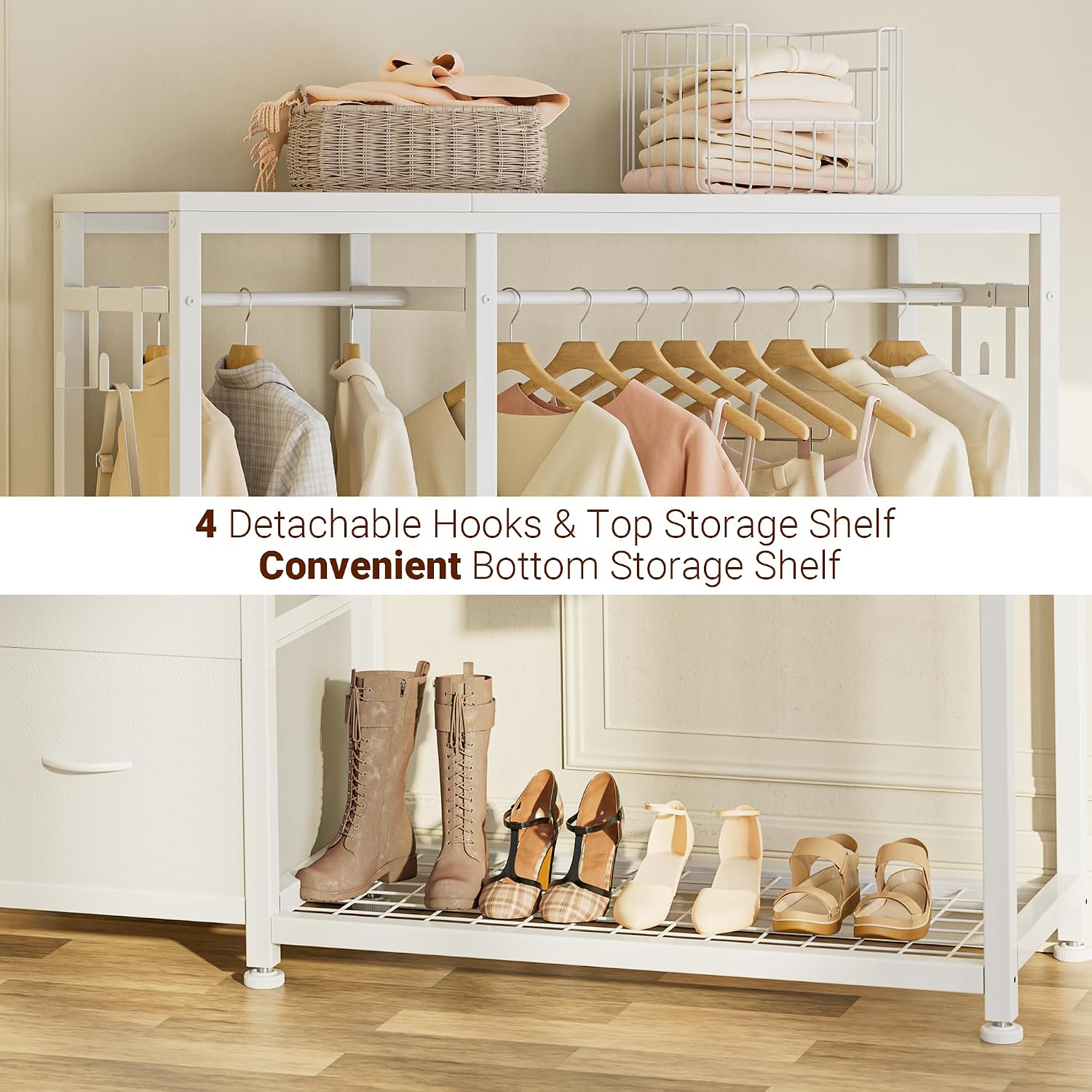 Lulive Clothes Rack with 2 Rods, Shelves, Drawers & Hooks, Garment Rack | Clothes rack with 2 hanging rods (50lbs each), 2 shelves, 2 fabric drawers & 4 hooks. 300lb total capacity. Fits small spaces