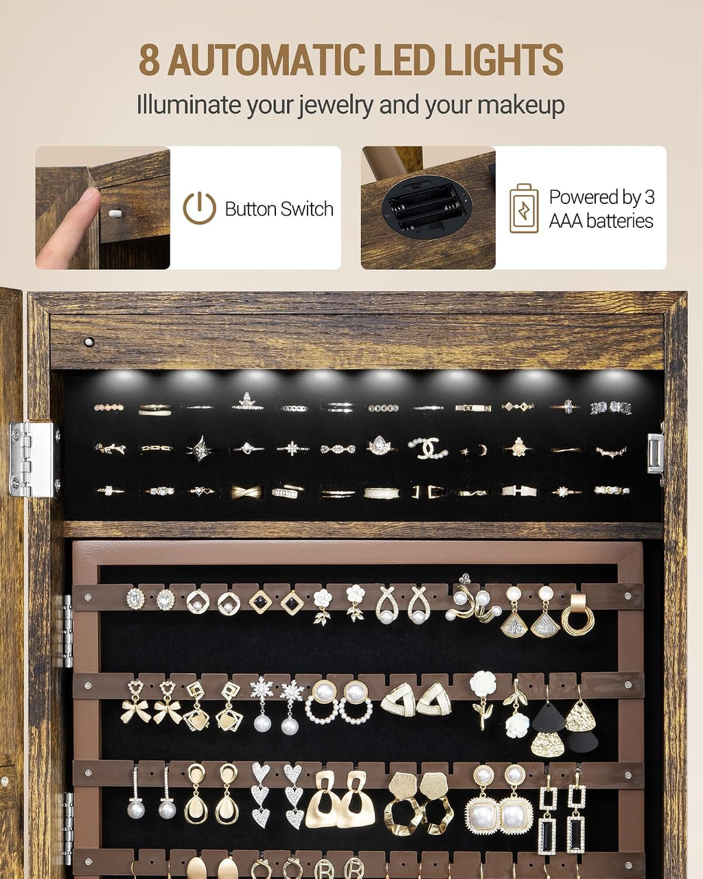 Hzuaneri 8 LEDs Jewelry Cabinet Armoire, 66.9-inch Jewelry Organizer with Garment Rack, Lockable Full-length Mirror with 4 Wheels, Storage Shelves with Hooks, 5-in-1, Toasted Oak JC17007B