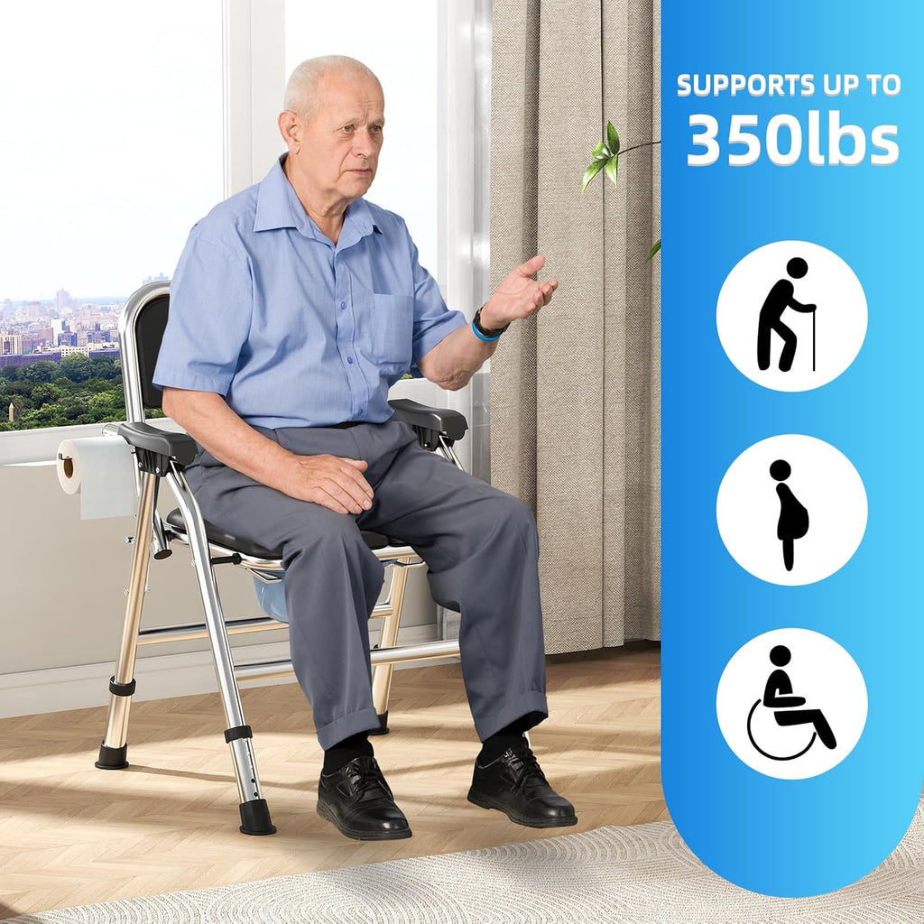 4 in 1 Folding Bedside Commode Chair for Elderly with Arms and Back,Adjustable Height Raised Toilet Seat with Handles,Adults Potty Chair for Seniors,Disabled and Pregnant