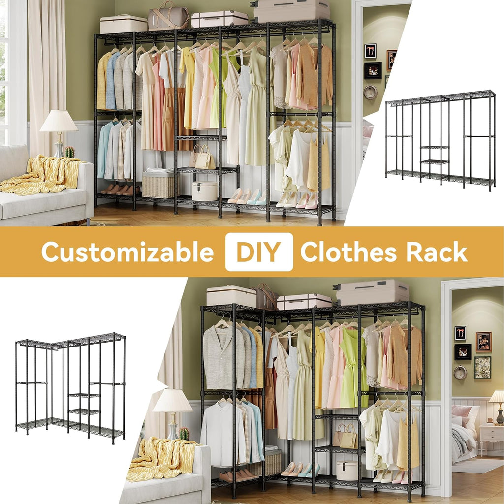 Higeego H5 Extra Large Wire Garment Rack, Heavy Duty Clothes Rack, Freestanding Clothing Rack for Hanging Clothes, Wardrobe Closet with Adjustable Shelf, 93.3' Wx15.7 Dx75.4 H, Black, Load 1400 lbs