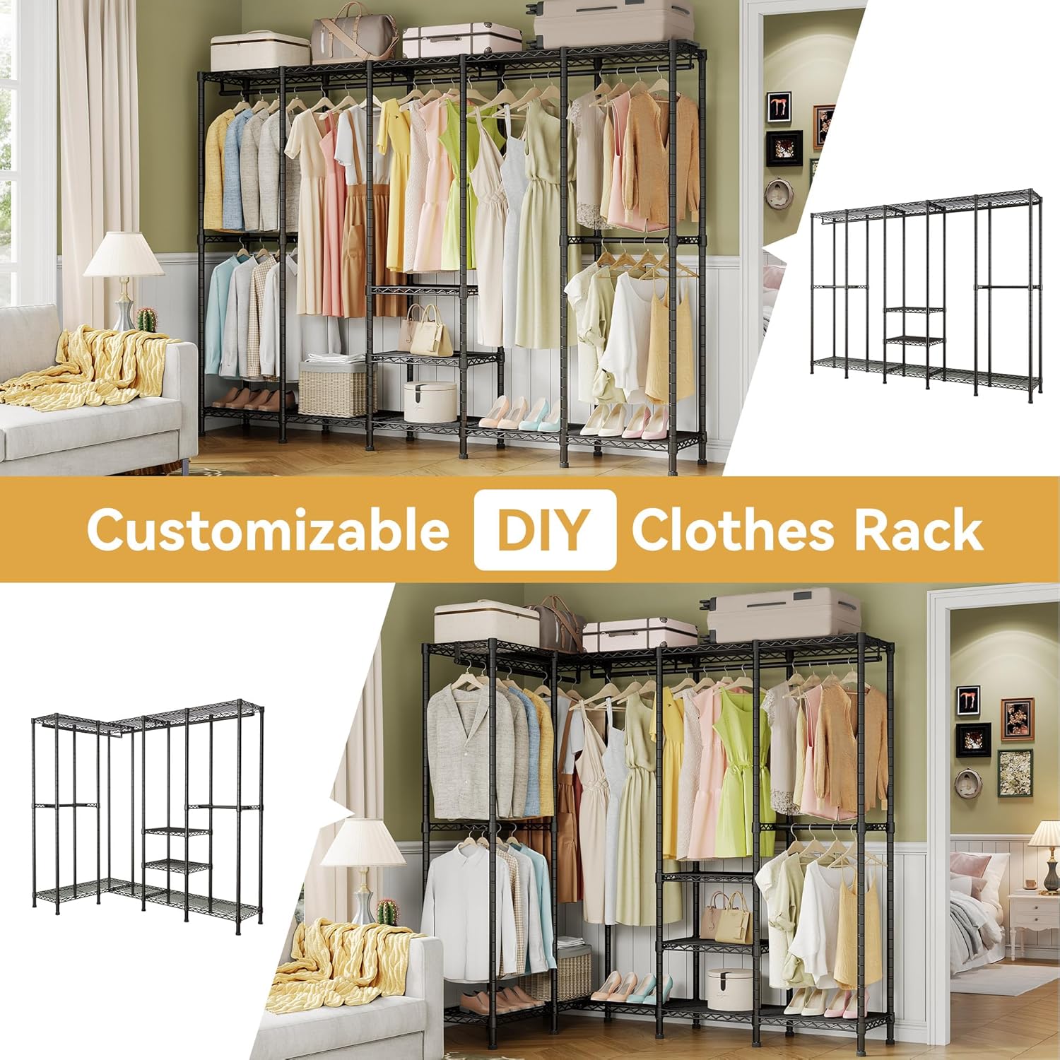 Higeego H5 Extra Large Wire Garment Rack, Heavy Duty Clothes Rack, Freestanding Clothing Rack for Hanging Clothes, Wardrobe Closet with Adjustable Shelf, 93.3' Wx15.7 Dx75.4 H, Black, Load 1400 lbs