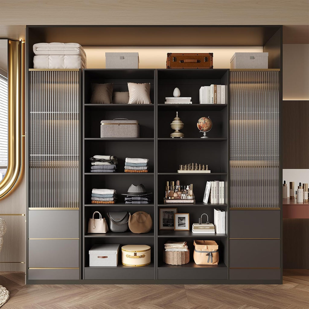 VOWNER Freestanding Closet System with 5 Adjustable Shelves, Wood Closet Organizer System, Walk-in Closet, Clothes Garment Rack, Adjustable Shelving Unit, Wardrobe Closet Bedroom Entryway