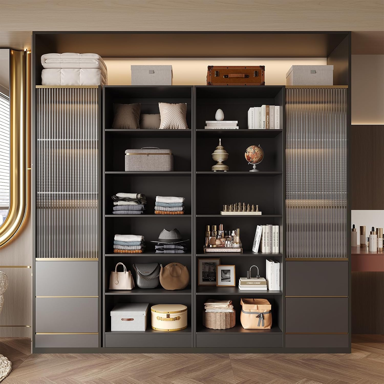 VOWNER Freestanding Closet System with 5 Adjustable Shelves, Wood Closet Organizer System, Walk-in Closet, Clothes Garment Rack, Adjustable Shelving Unit, Wardrobe Closet Bedroom Entryway