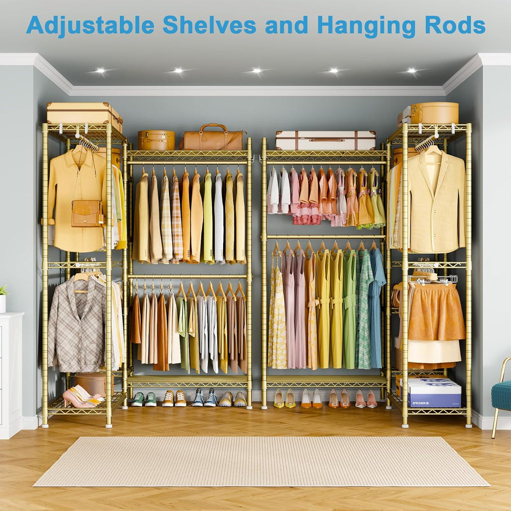 Ulif E4L Corner Clothes Rack, L Shaped Garment Rack, Heavy-Duty Freestanding Closet System with Shelves and Hangers, Max Load 962lbs, 42.7' W x 42.7' D x 79.3' H, Gold