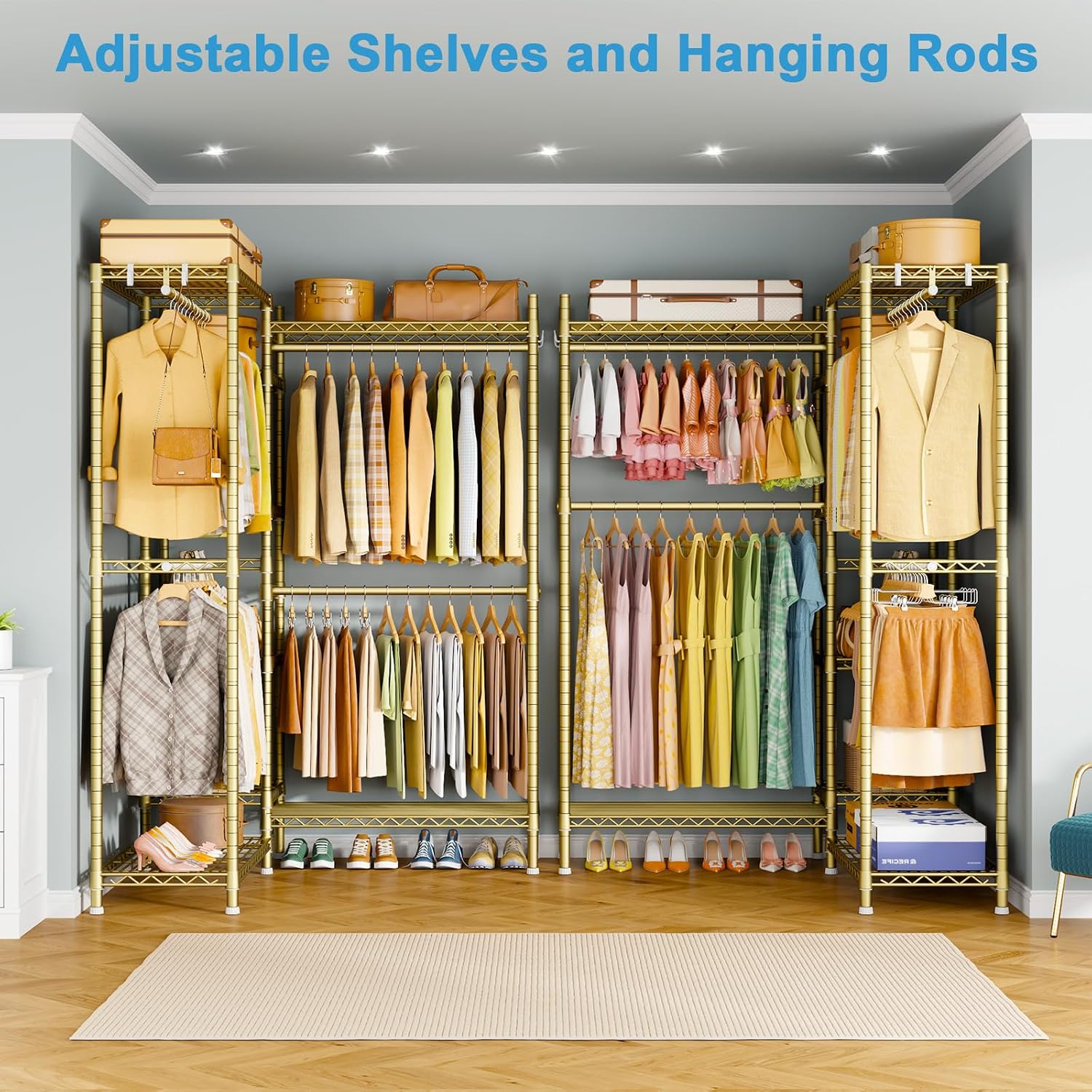 Ulif E4L Corner Clothes Rack, L Shaped Garment Rack, Heavy-Duty Freestanding Closet System with Shelves and Hangers, Max Load 962lbs, 42.7' W x 42.7' D x 79.3' H, Gold