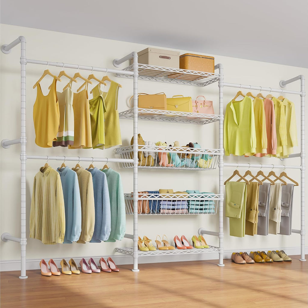 Timate X3i Garment Rack for Hanging Clothes Load 980lbs, Expandable Wall Mounted Closet System with Baskets Industrial Pipe Heavy Duty Clothes Rack Walk in Closet, Adjustable from 5'10' to 8'3', White