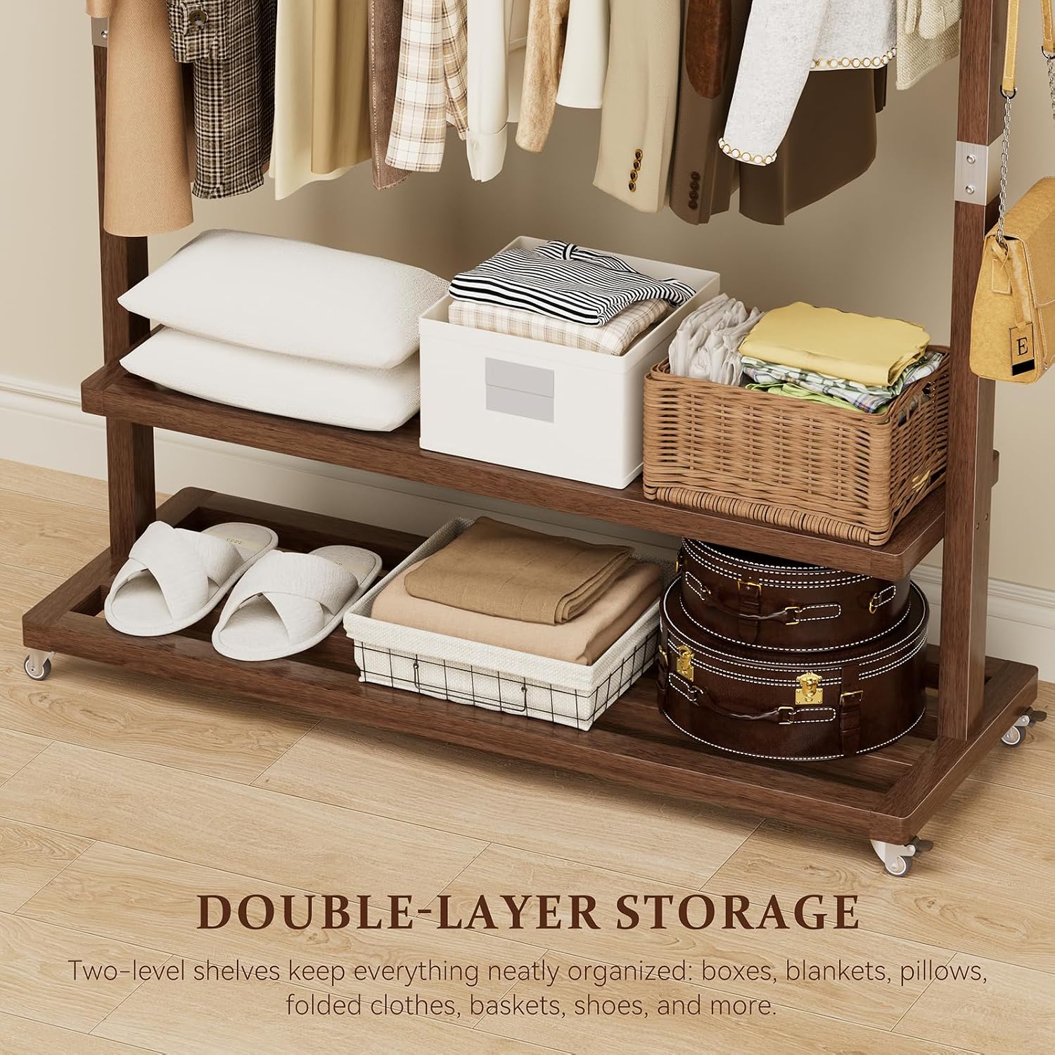 Solid Wood Clothes Rack with Wheels | 3-in-1 Freestanding Garment Rack & Coat Tree, Extra-Long Rod, Two Shelves, 220 lb Load | Organizer for Bedroom & Entryway