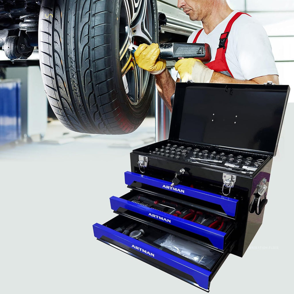 RYH 20' Portable 3-Drawer Steel Toolbox with Lock - Heavy Duty Tool Box Set for Mechanics, Electricians & Home Improvement | Includes Socket Wrench, Pliers, | Gift for Men, Handymen (Black+blue)