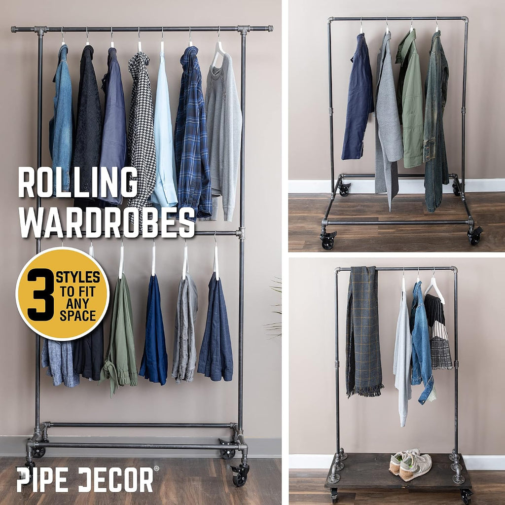 PIPE DECOR 39' x 20 ¼' x 58' Rolling Steel Pipe Clothing Rack, Commercial or Residential Industrial Clothes Display, Heavy Duty Black Steel Metal Wheeled Garment Frame
