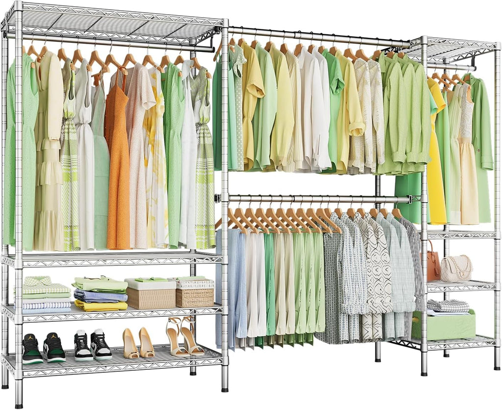 Ulif E11 Heavy-Duty Garment Rack, Metal Freestanding Clothes Rack and Closet Storage Organizer System with 8 Shelves and 4 Hanger Rods, (73.2-97.6)' W x 14.5' D x 71.2' H, Load 1034 LBS, Chrome