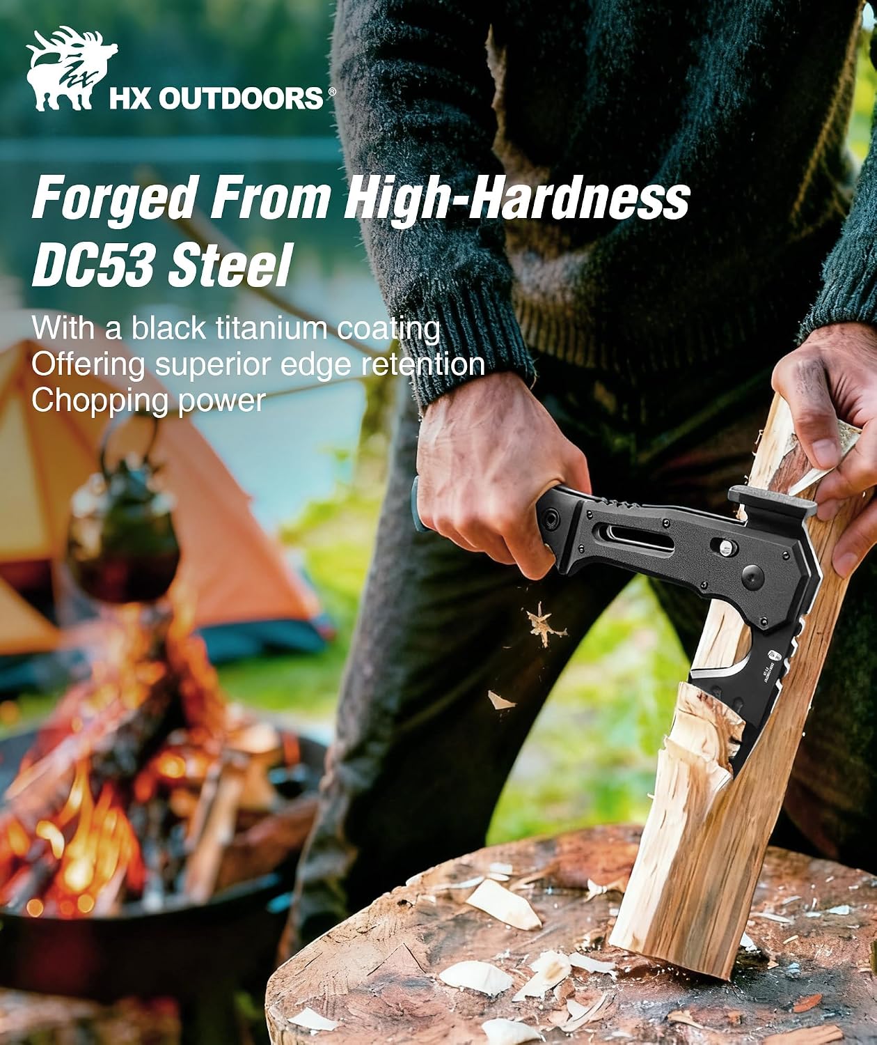 HX OUTDOORS Folding Hatchet Axe Survival Multitool, DC53 Steel Blade with Black Titanium, Camping Hatchet with Hammer, G10 Handle for Outdoor Gear,Various Tactical and Survival(Black)