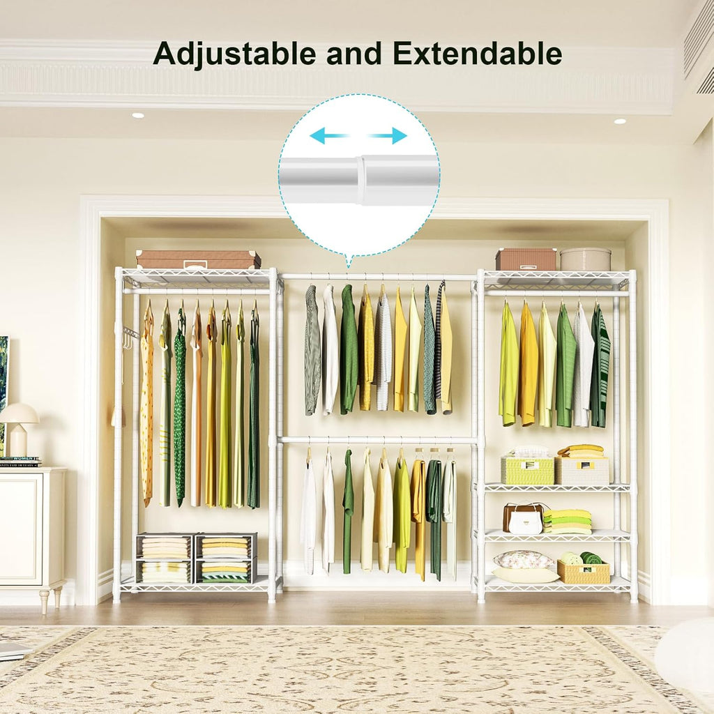 Ulif E1 Heavy Duty Closet Garment Rack, 6 Tiers Adjustable Metal Freestanding Expandable Clothing Storage with 4 Hanger Rods, Easy to Assemble Wardrobe, 71.4' H x (70' - 88.2') L x 14' D, White