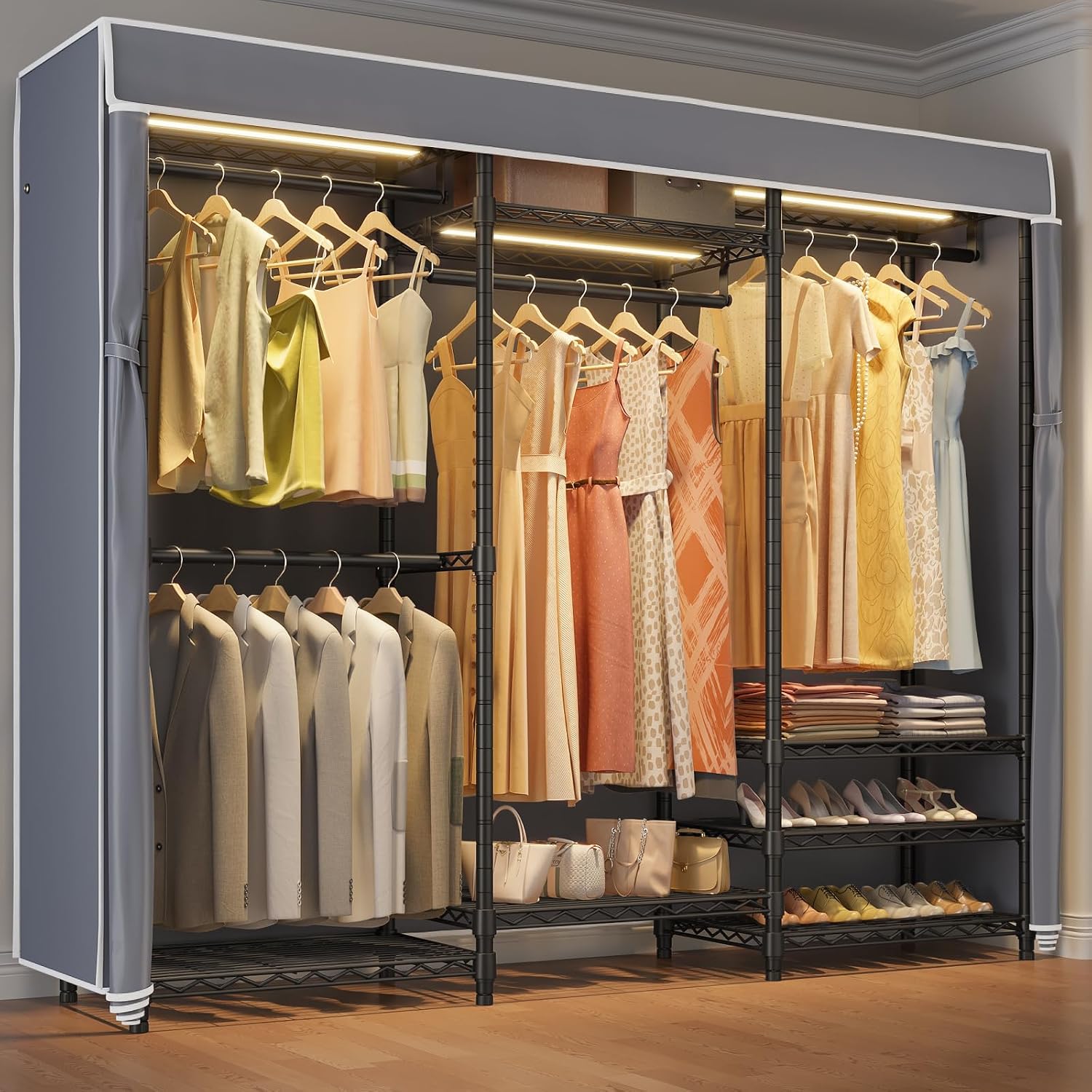 VIPEK V5LC Garment Rack Heavy Duty Covered with Dimmable LED Lights, 3000K Warm White, Portable Closet Wardrobe Freestanding for Hanging Clothes, Black with Grey Cover