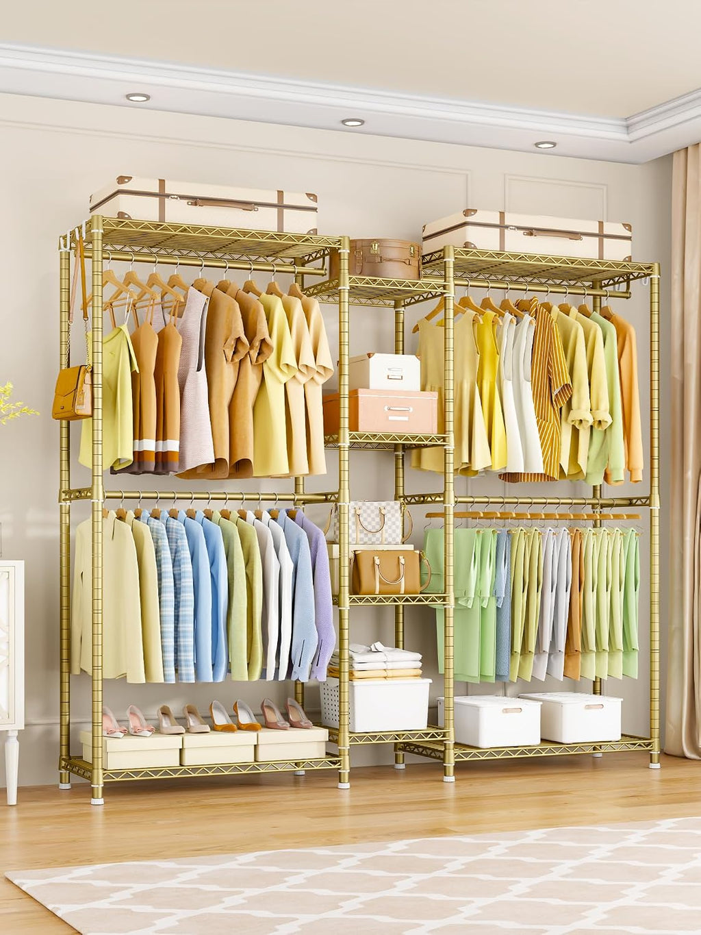 Ulif E4 Clothes Rack, Heavy-Duty Garment Rack, Metal Freestanding Clothing Organization Storage System Can Be L-Shaped with Shelves and Hangers, Max Load 962lbs, 71.6' W x 14.5' D x 79.3' H, Gold