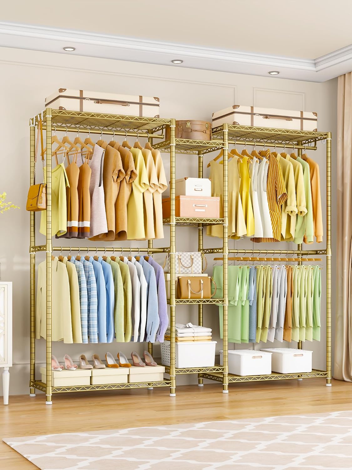 Ulif E4 Clothes Rack, Heavy-Duty Garment Rack, Metal Freestanding Clothing Organization Storage System Can Be L-Shaped with Shelves and Hangers, Max Load 962lbs, 71.6' W x 14.5' D x 79.3' H, Gold