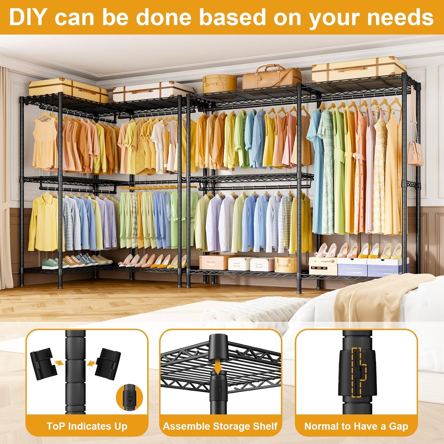 ULIFHOME E15 Garment Rack L Shaped Clothes Rack for Corner，Freestanding Clothing Racks for Hanging Clothes，Heavy Duty Closet Organizer with 4 Hanging Rods & 8 S Hooks，43.4' W x 15.8' D x 78.4' H，Black