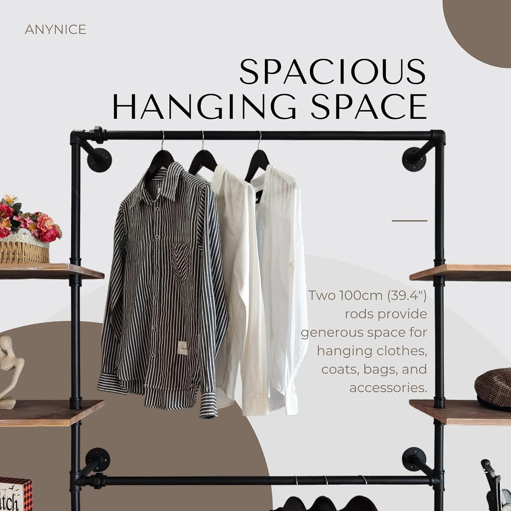 Industrial Pipe Clothing Rack Wall Mounted, DIY Custom Closet System with Shelves, Heavy Duty Garment Hanging Rack for Walk in Closet, Laundry Room, Retail Display, 14.6 x 112.6 x 82.7 in, Y03