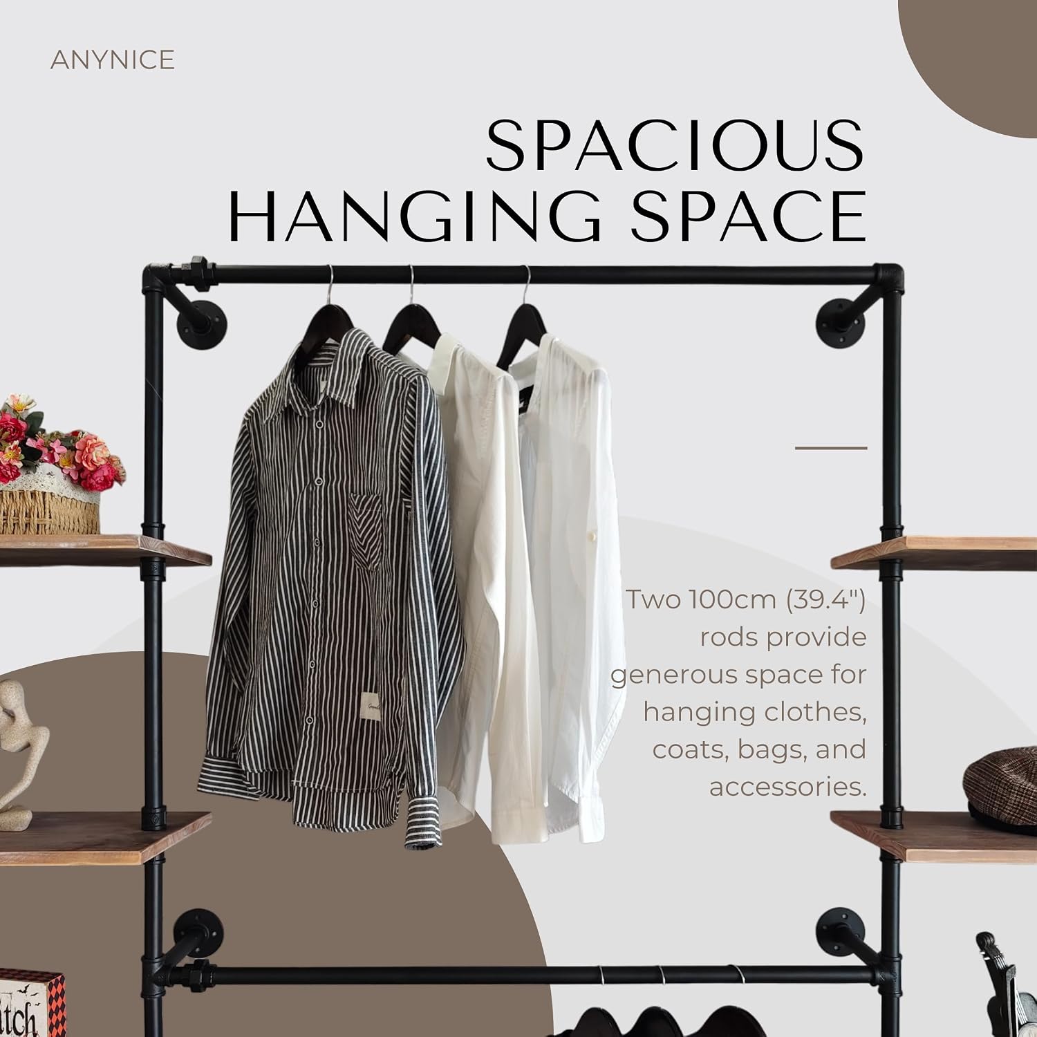 Industrial Pipe Clothing Rack Wall Mounted, DIY Custom Closet System with Shelves, Heavy Duty Garment Hanging Rack for Walk in Closet, Laundry Room, Retail Display, 14.6 x 112.6 x 82.7 in, Y03