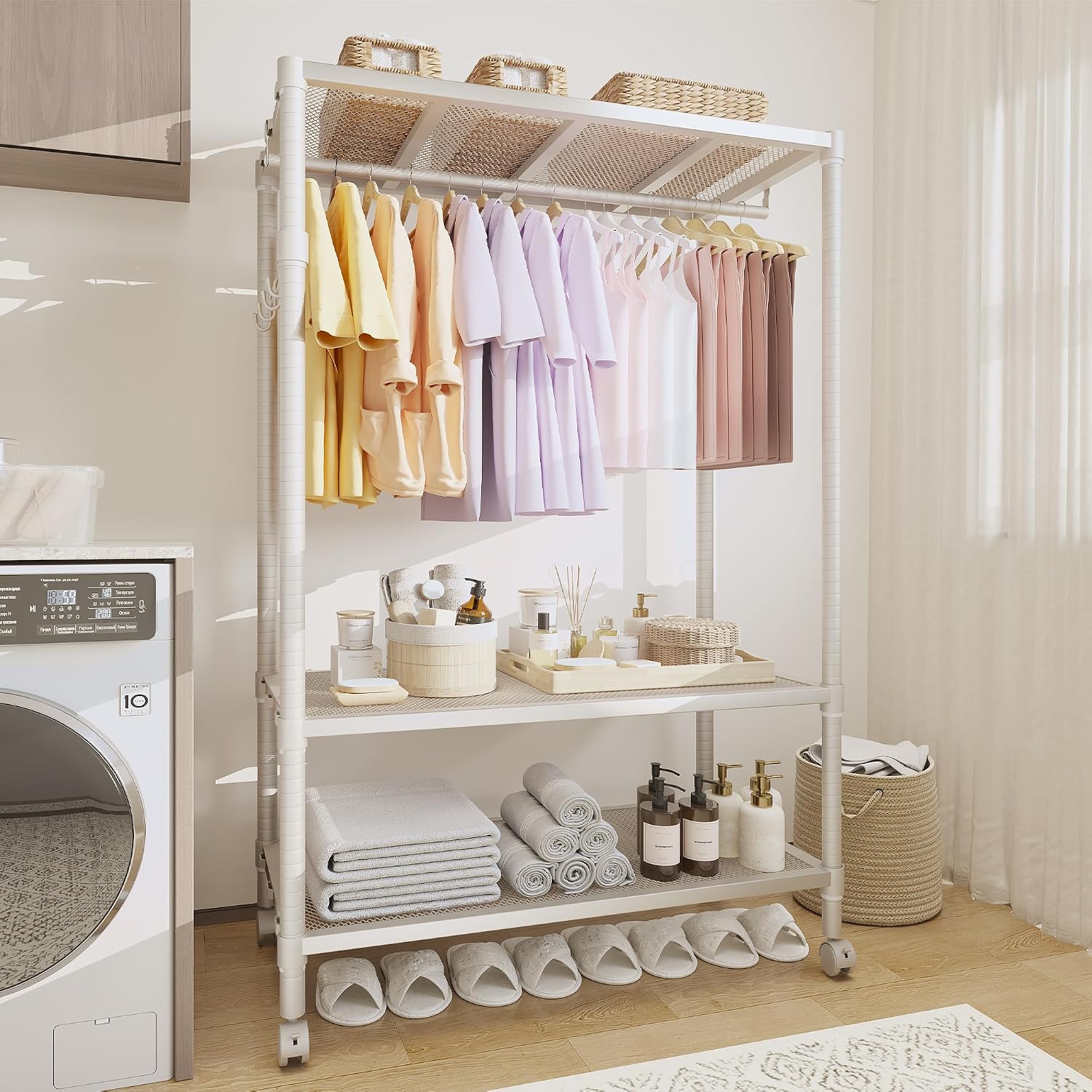 Heavy Duty Rolling Clothes Rack with Wheels, Clothing Racks with Adjustable Shelves & Side Hooks for Hanging Clothes, Freestanding Storage Closet Clothing Rack for Bedroom Laundry Room, Beige