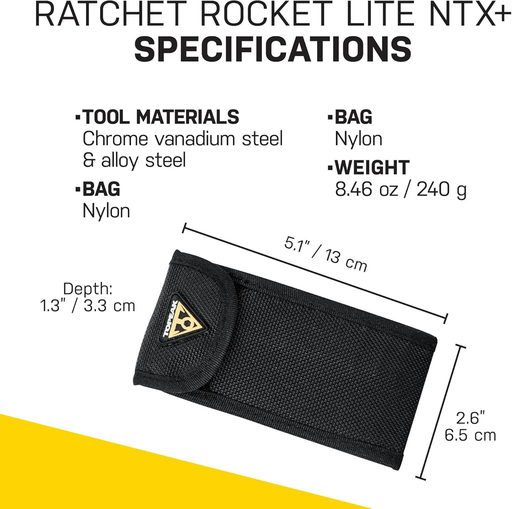 Topeak Ratchet Rocket Lite NTX+ Bike Repair Tool Kit – 19 Function Compact Multitool with Adjustable Torque TorqBit (2–6 Nm), Allen & Torx Bits, Phillips Driver, Chain Tool, Magnetic Bit Holder & Case | bike-hand-tools
