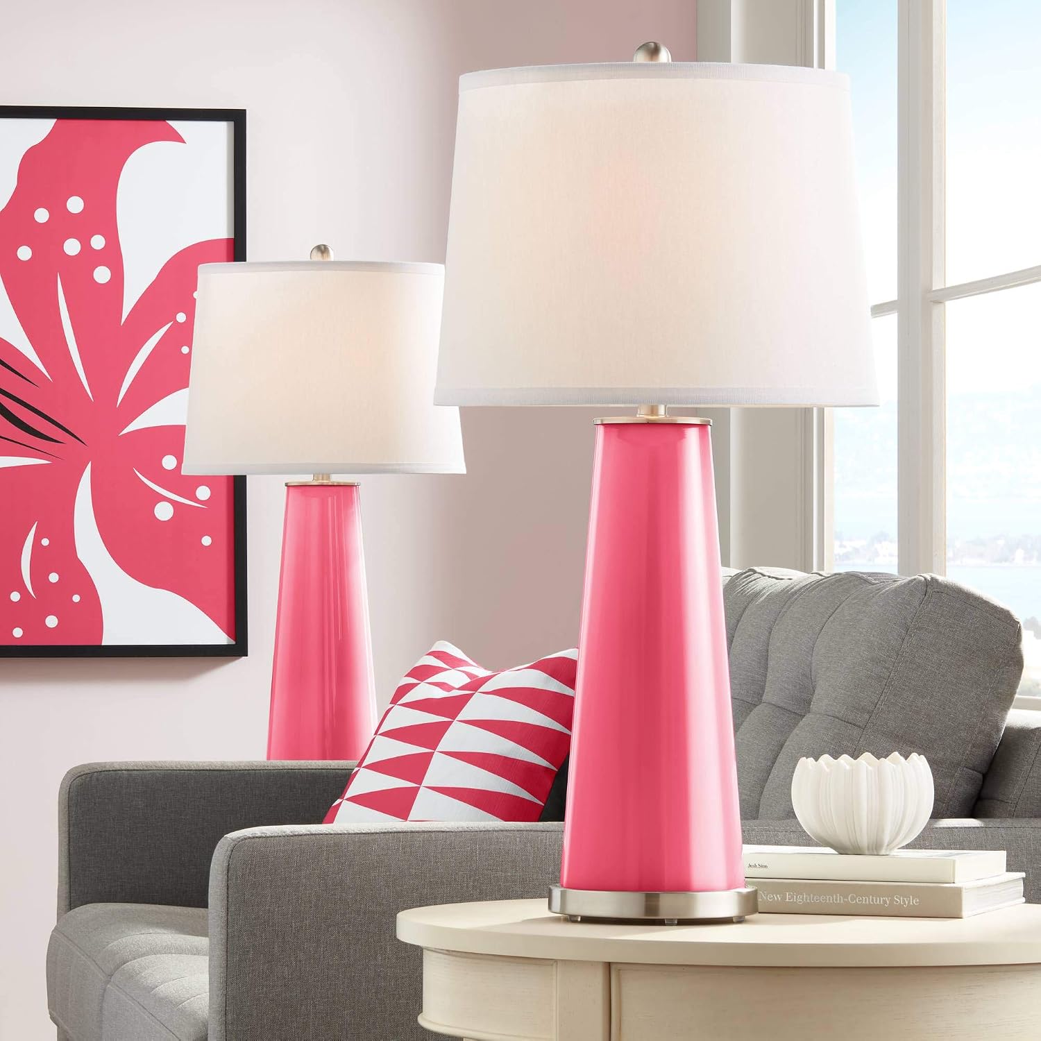 Color + Plus Leo 29 1/2' Tall Cylinder Modern End Table Lamps Set of 2 Eros Pink Brushed Nickel Finish Glass Fabric White Shade Living Room Bedroom Bedside Nightstand House Office Home Reading