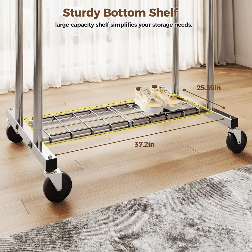 HYSEYY Heavy Duty Clothes Rack, Rolling Clothing Rack for Hanging Clothes with Shelves Load 700LBS,Portable Garment Wardrobe Closet Rack with Wheels for Bedroom,Laundry Room,Retail Store,Silver