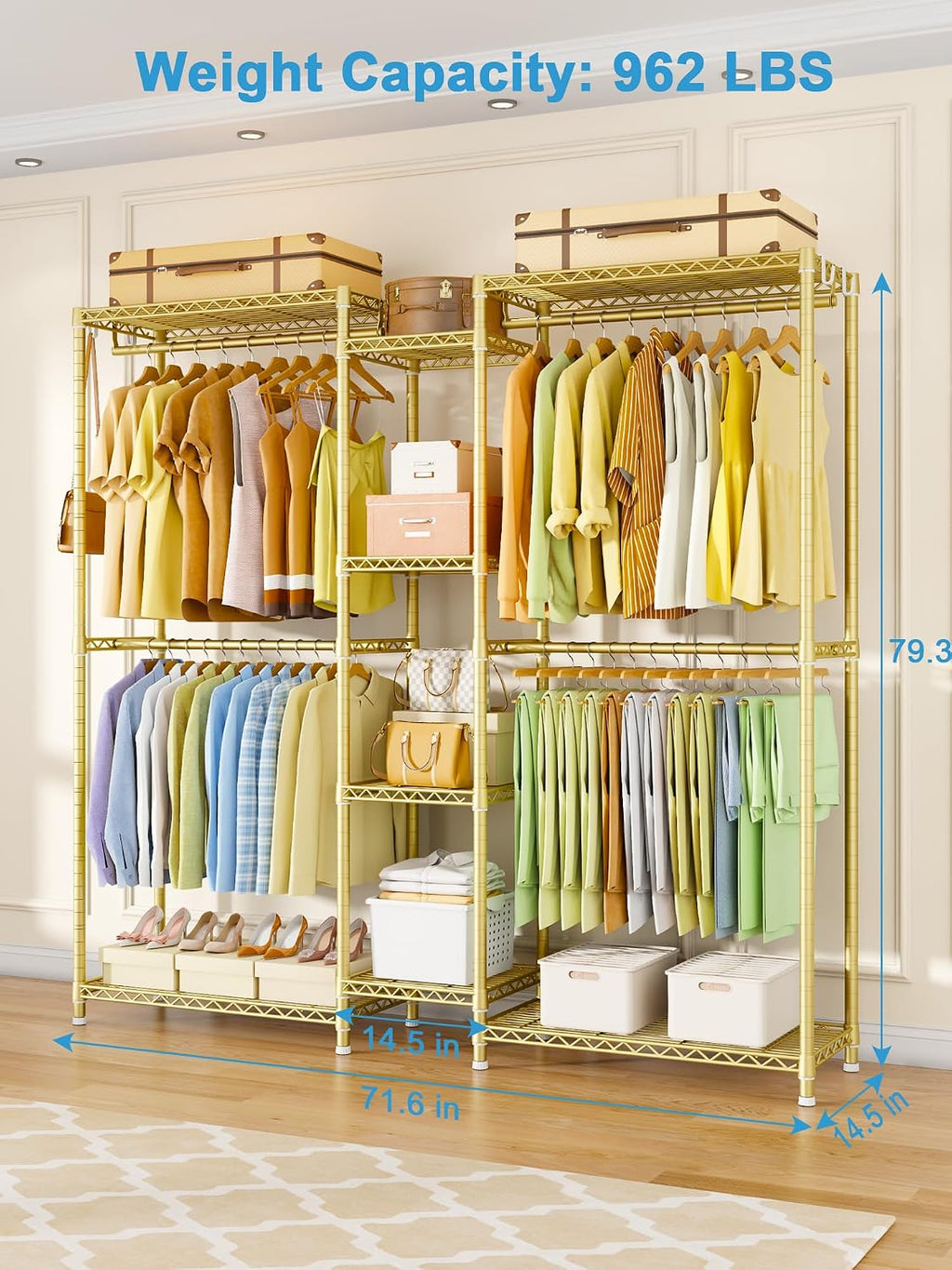 Ulif E4 Clothes Rack, Heavy-Duty Garment Rack, Metal Freestanding Clothing Organization Storage System Can Be L-Shaped with Shelves and Hangers, Max Load 962lbs, 71.6' W x 14.5' D x 79.3' H, Gold