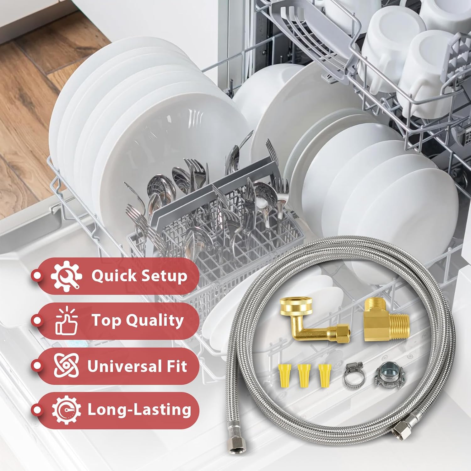 (5 Kit) Efield Dishwasher Installation Kit, 6 FT Stainless Steel Supply Hose, 3/8' X 3/8' Compression Adapter, 3-Wire 6' Power Cord with Tap,(HOSE149-5PCS)