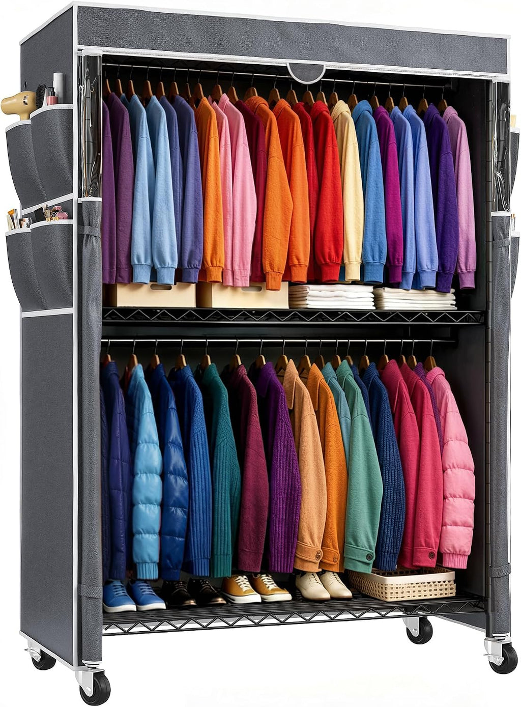 Raybee 45' W Rolling Clothes Rack with Cover Load 440LBS, Heavy Duty Portable Closets for Hanging Clothes with Adjustable Shelves & Lockable Wheels, 2-Tier for Space Saving, Tool-Free Assembly, Black