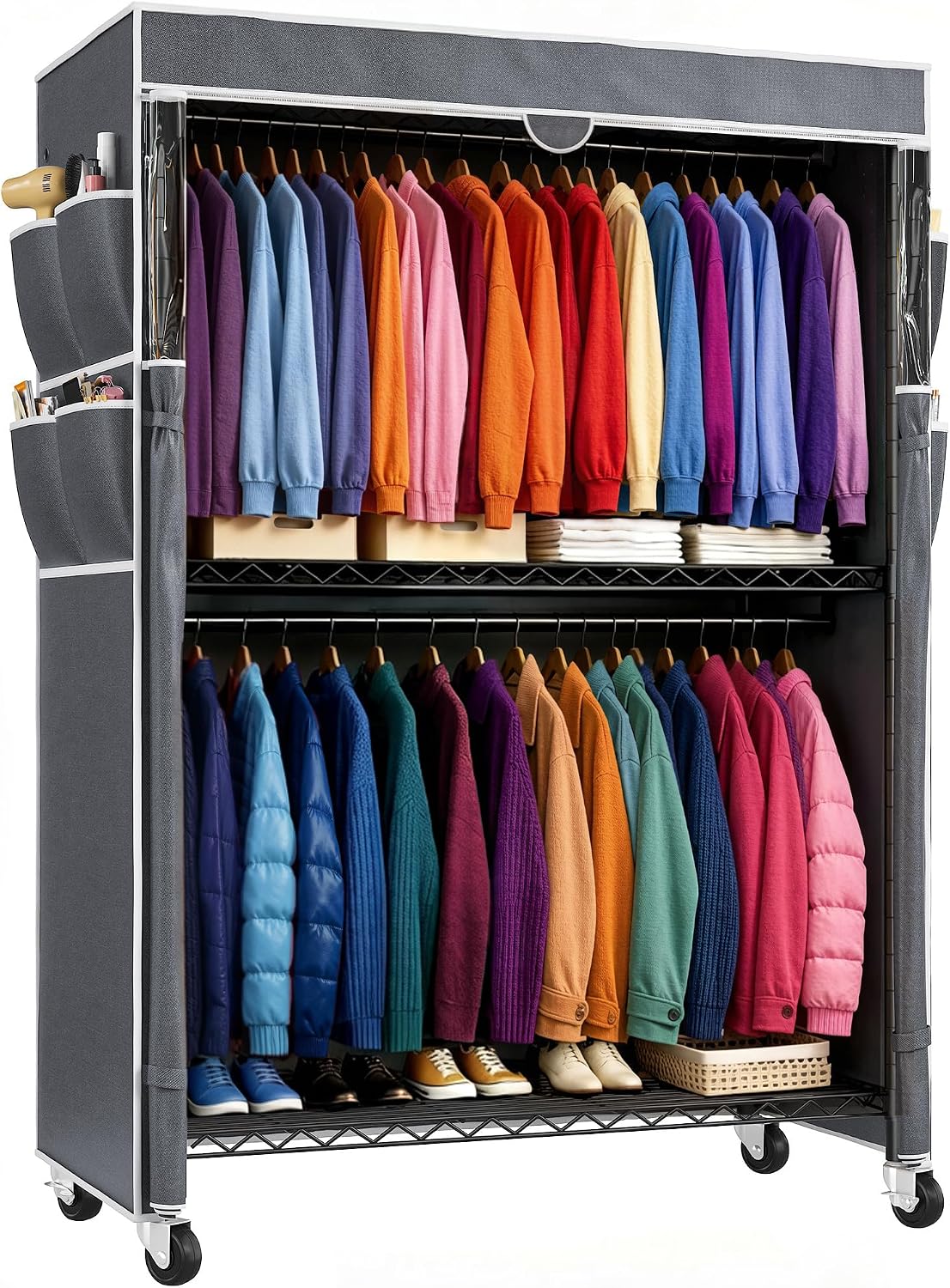 Raybee 45' W Rolling Clothes Rack with Cover Load 440LBS, Heavy Duty Portable Closets for Hanging Clothes with Adjustable Shelves & Lockable Wheels, 2-Tier for Space Saving, Tool-Free Assembly, Black