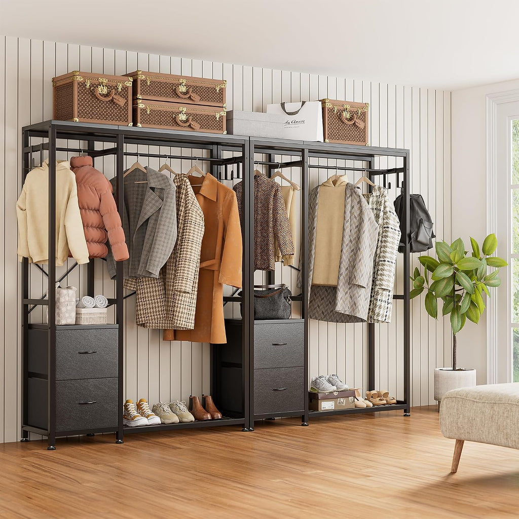 Lulive Clothes Rack with 2 Rods, Shelves, Drawers & Hooks, Garment Rack | Clothes rack with 2 hanging rods (50lbs each), 2 shelves, 2 fabric drawers & 4 hooks. 300lb total capacity. Fits small spaces