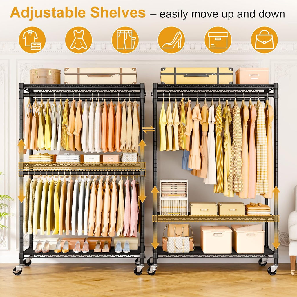 ULIFHOME P5 Plus Rolling Clothes Rack Heavy Duty, Clothing Racks for Hanging Clothes, Metal Garment Rack with Wheels, 3-Tier Portable Closet Rack 45'' W × 20.5'' D × 80.5'' H, Max Load 660 Lbs, Black