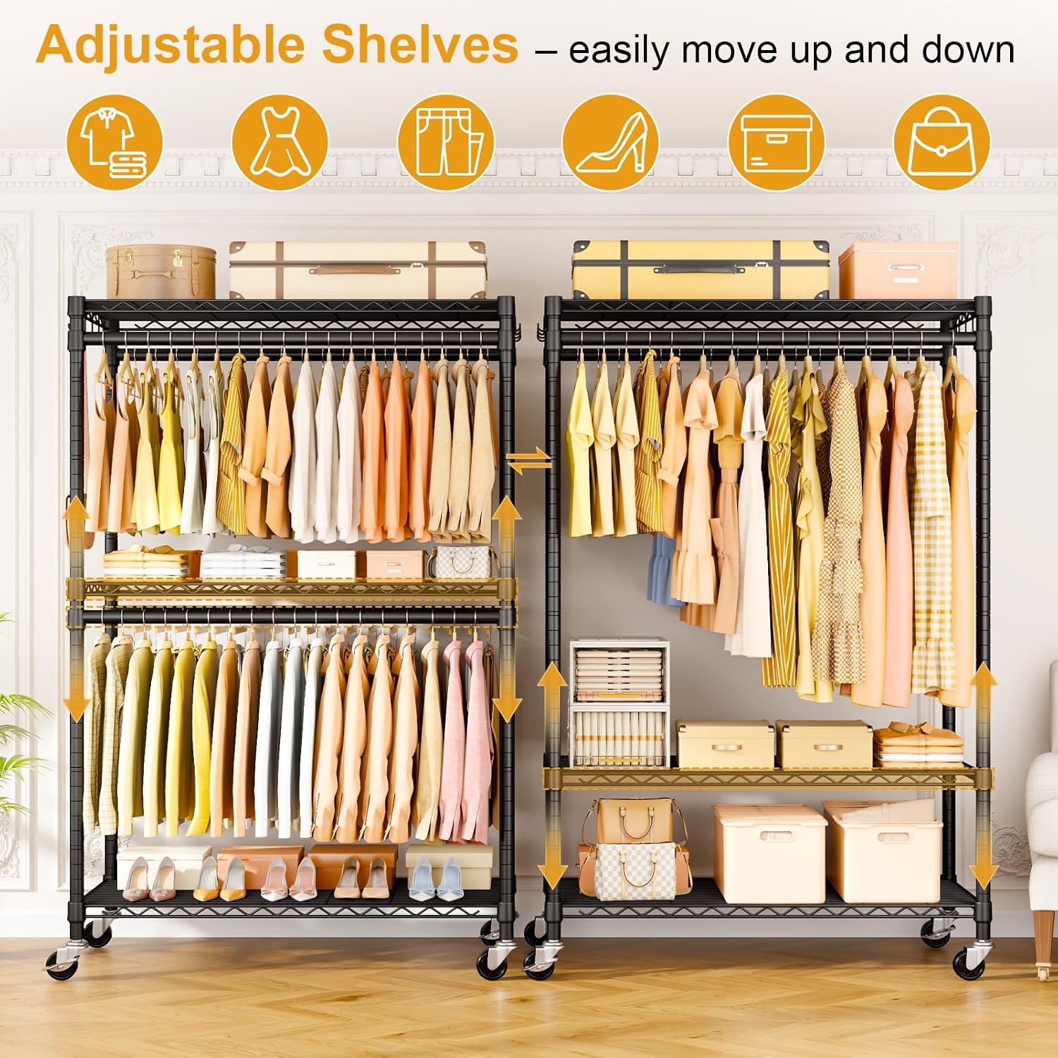 ULIFHOME P5 Plus Rolling Clothes Rack Heavy Duty, Clothing Racks for Hanging Clothes, Metal Garment Rack with Wheels, 3-Tier Portable Closet Rack 45'' W × 20.5'' D × 80.5'' H, Max Load 660 Lbs, Black