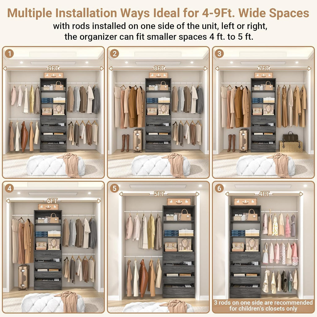 Aheaplus Closet System, 4-9 Ft Closet Organizer with 4 Wooden Drawers, Wood Closet Organizer System with Tower, Walk-in Closet Organizer Wardrobe Clothes Rack with 4 Hanging Rods, Black Oak