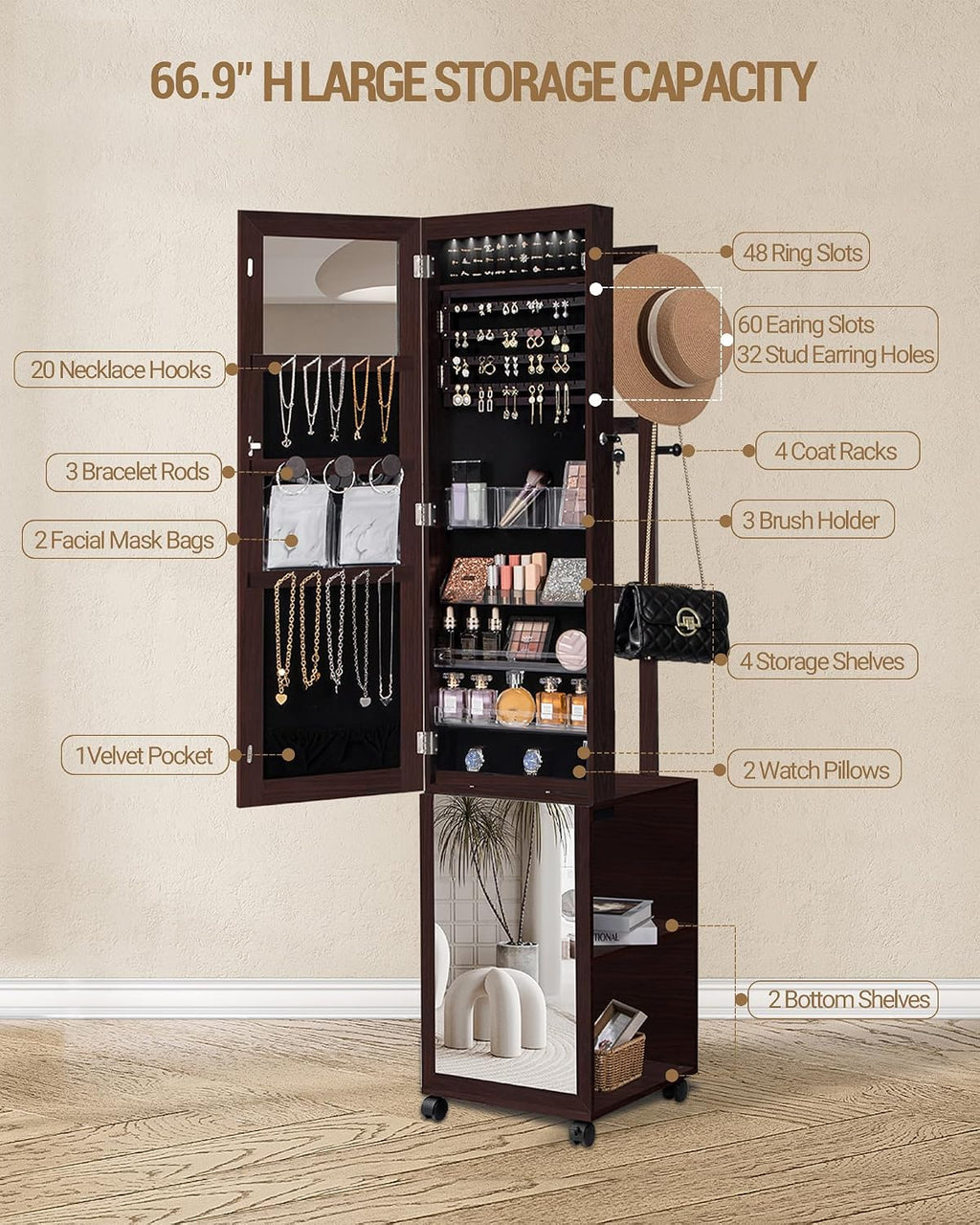 Hzuaneri 8 LEDs Jewelry Cabinet Armoire, 66.9-inch Jewelry Organizer with Garment Rack, Lockable Full-length Mirror with 4 Wheels, Storage Shelves with Hooks, 5-in-1, Brown JC17019B