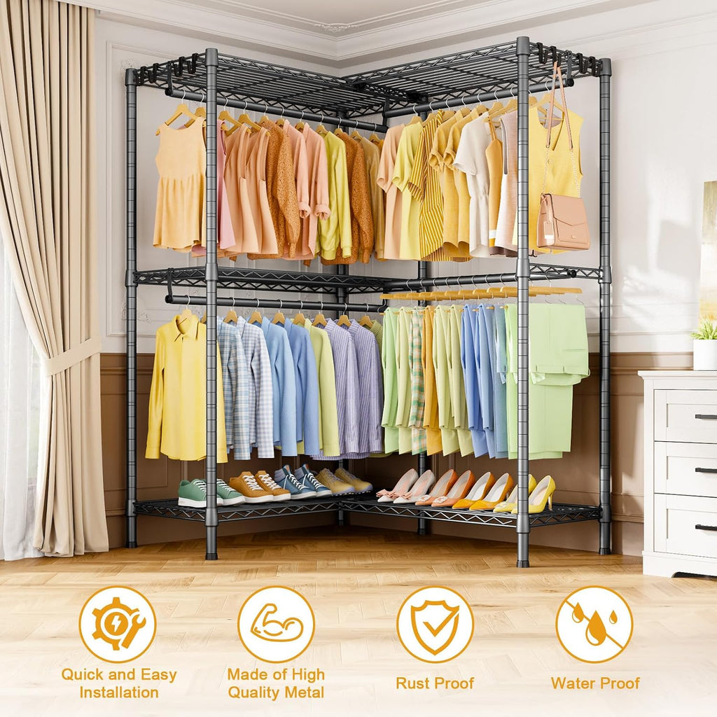 ULIFHOME E15 Garment Rack L Shaped Clothes Rack for Corner，Freestanding Clothing Racks for Hanging Clothes，Heavy Duty Closet Organizer with 4 Hanging Rods & 8 S Hooks，43.4' W x 15.8' D x 78.4' H，Grey
