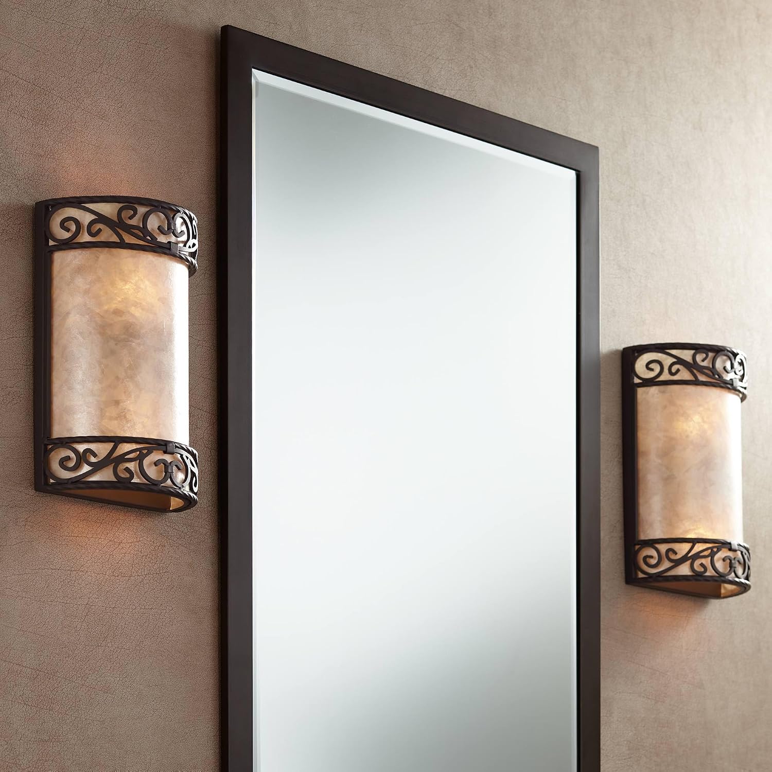 John Timberland Natural Mica Collection Antique Wall Light Sconces Set of 2 Rustic Walnut Brown Hardwired 12 1/2' High Fixture Scrollwork for Bedroom Bathroom Bedside Living Room Home Hallway