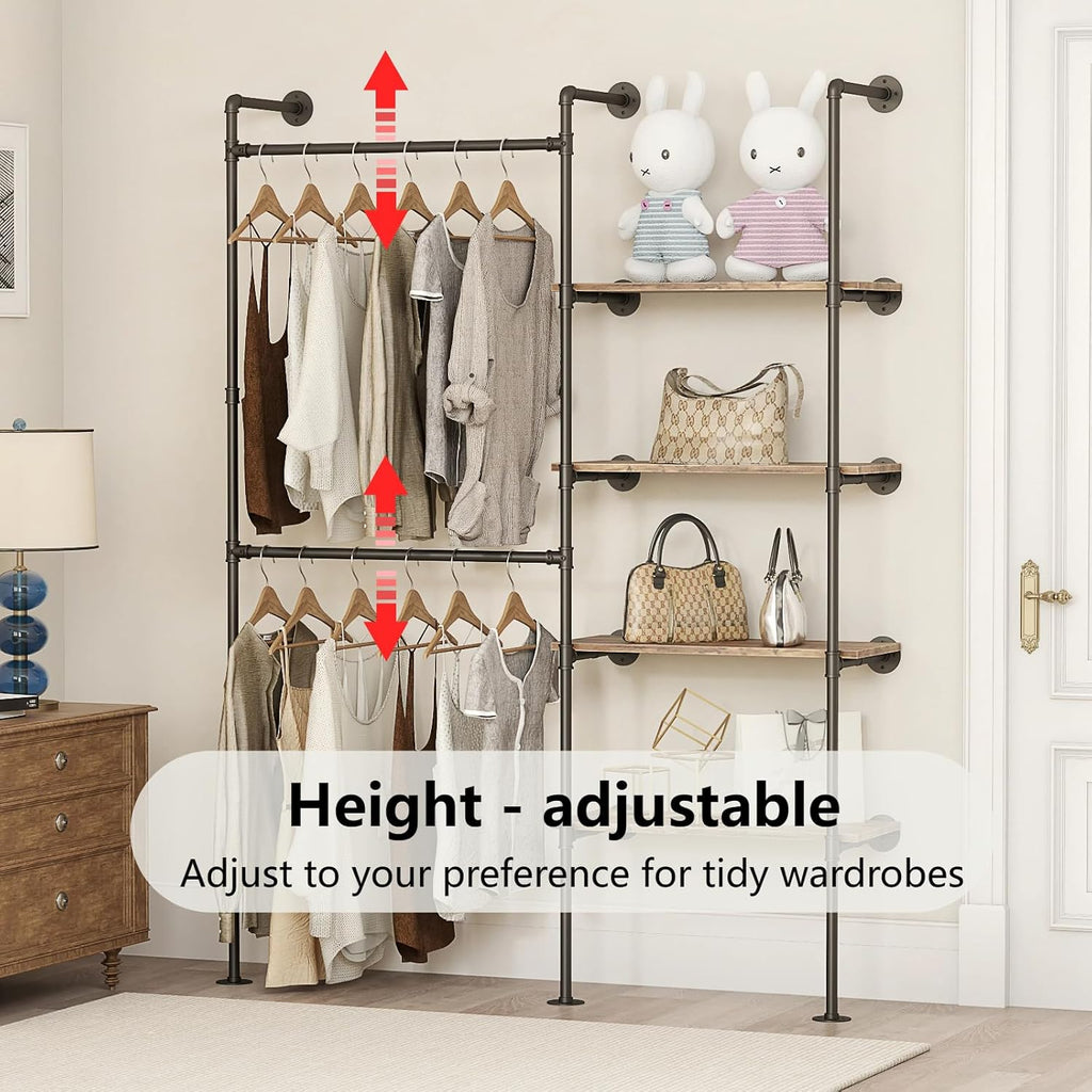 Industrial Pipe Clothing Rack, Heavy Duty Adjustable Garment Hanger with Shelves, 2 Installation Methods Closet Storage System for Wardrobe Organization (Black, 80' H x 55' W)