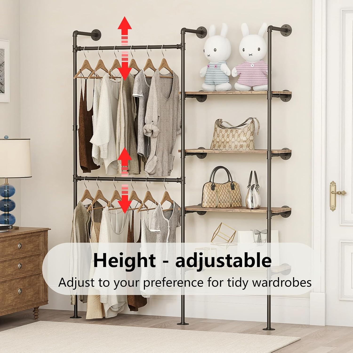 Industrial Pipe Clothing Rack, Heavy Duty Adjustable Garment Hanger with Shelves, 2 Installation Methods Closet Storage System for Wardrobe Organization (Black, 80' H x 55' W)