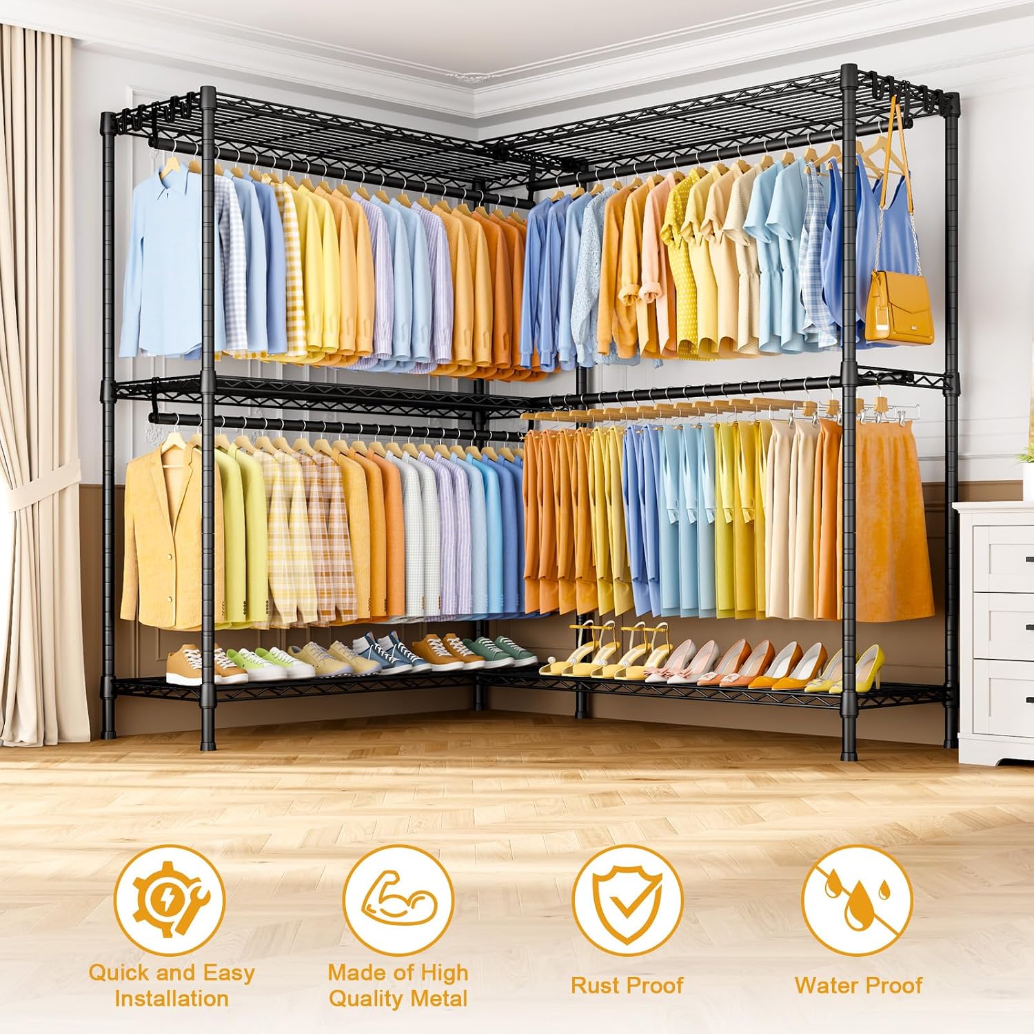 ULIFHOME E15 Max Garment Rack L Shaped Clothes Rack for Corner，Freestanding Clothing Racks for Hanging Clothes，Heavy Duty Closet System with 4 Hanging Rods & 8 S Hooks，57' W x 15.8' D x 78.4' H，Black