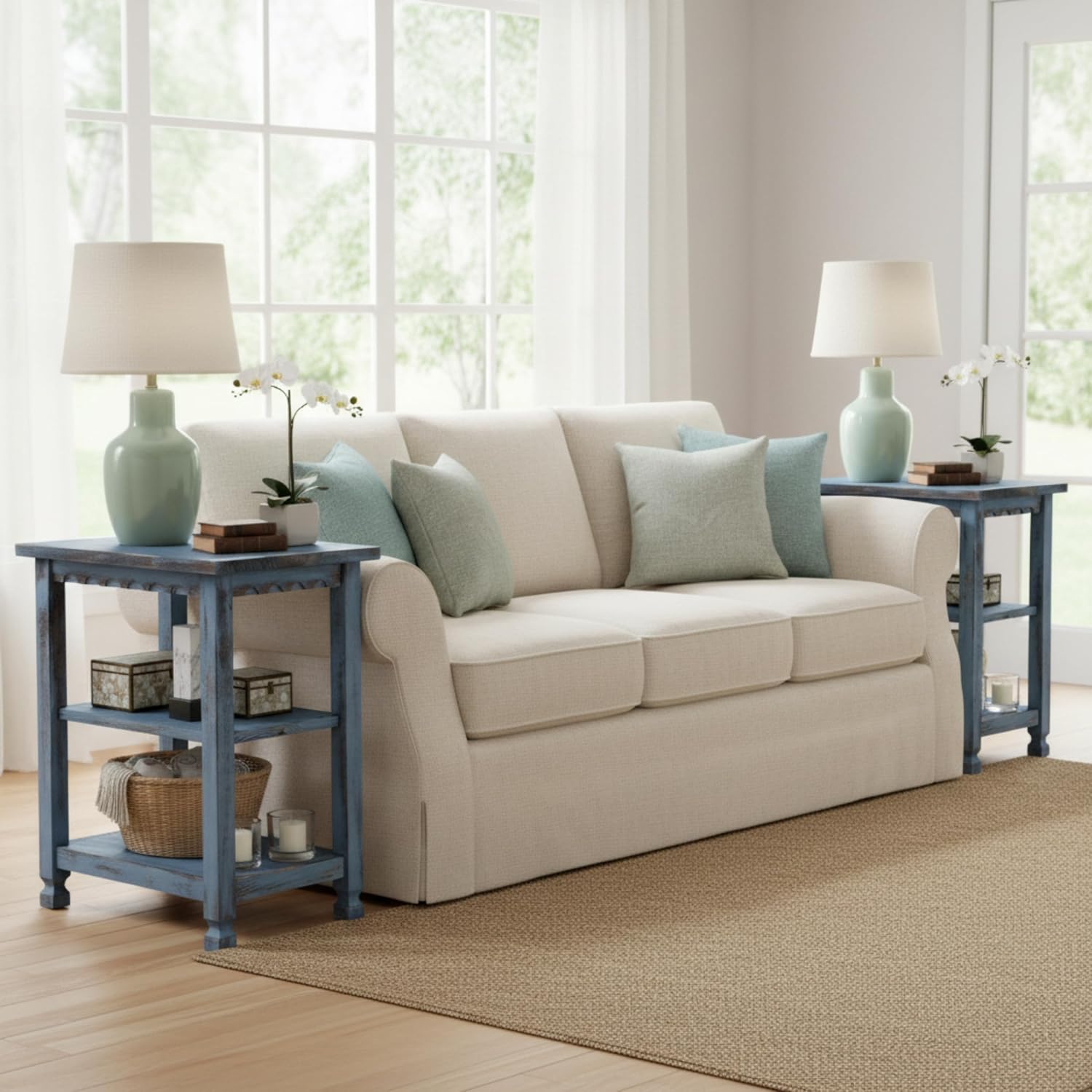 Alaterre Furniture Country Cottage Rustic Farmhouse Nightstand Set of 2-15in Narrow Side Table Set with Storage Shelves - Solid Wood Rustic Nightstands for Living Room or Bedroom (Antique Blue)