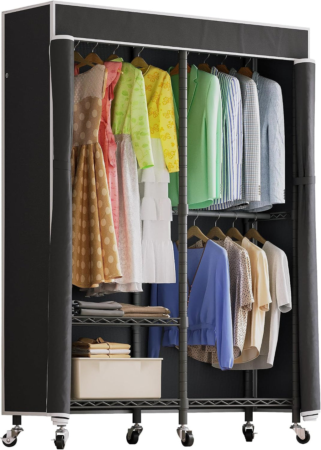Higeego H9 Garment Rack with Cover, Heavy Duty Clothing Rack for Hanging Clothes, Portable Closet with wheels, Wardrobe Closet with Adjustable Shelves, Black Rack Shelf with Black Fabric Cover