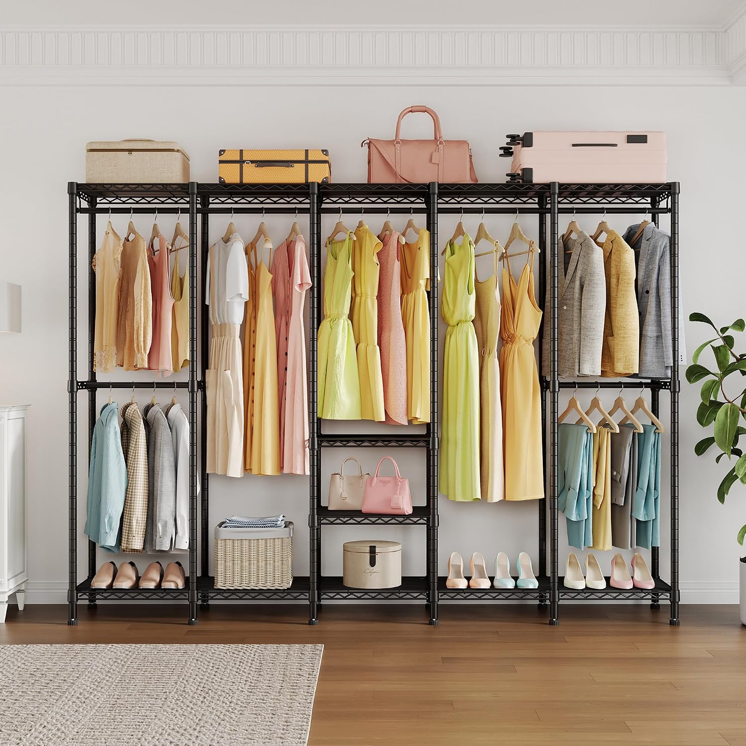 Higeego H5 Extra Large Wire Garment Rack, Heavy Duty Clothes Rack, Freestanding Clothing Rack for Hanging Clothes, Wardrobe Closet with Adjustable Shelf, 93.3' Wx15.7 Dx75.4 H, Black, Load 1400 lbs