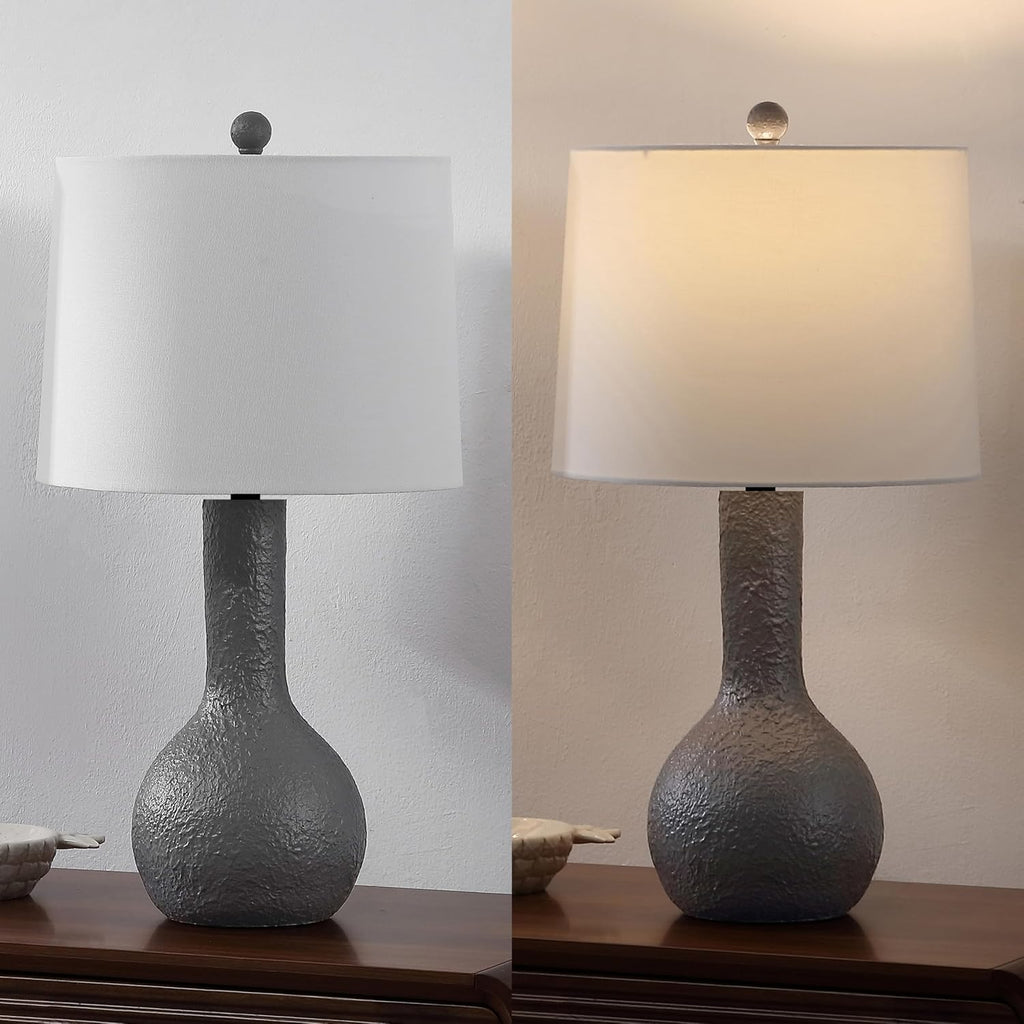 JONATHAN Y 24.75' Gray Modern Table Lamp Set of 2 for Bedroom, Scandinavian Textured Gourd Lamps for Living Room, White Linen Shade, LED Bulbs Included (JYL9207B-SET2)