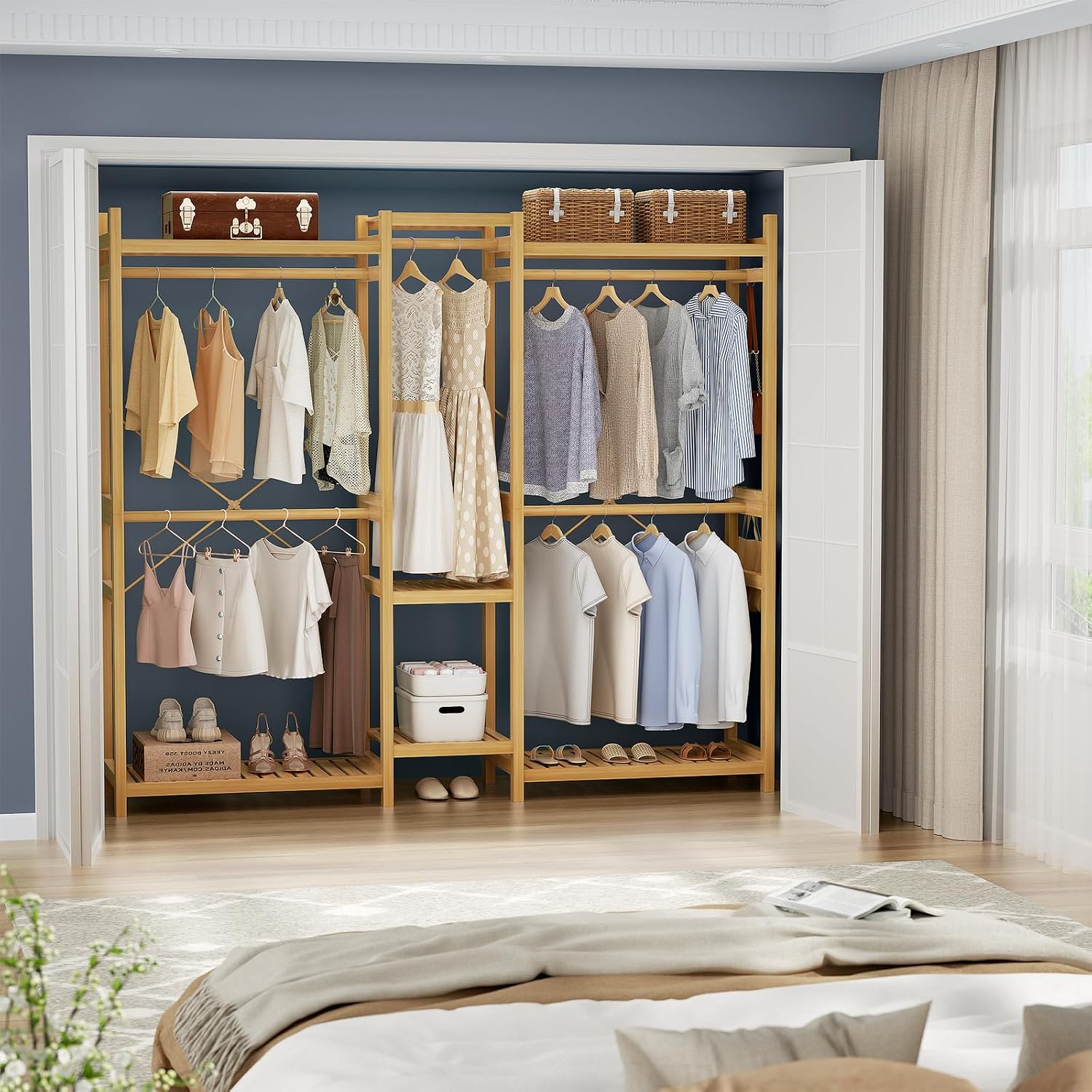 Homykic Bamboo Closet System Clothes Rack, Large Freestanding Garment Rack Clothing Rack for Hanging Clothes with 7 Storage Shelves and 5 Rods, Open Wardrobe Organizer with 4 Hooks, Natural