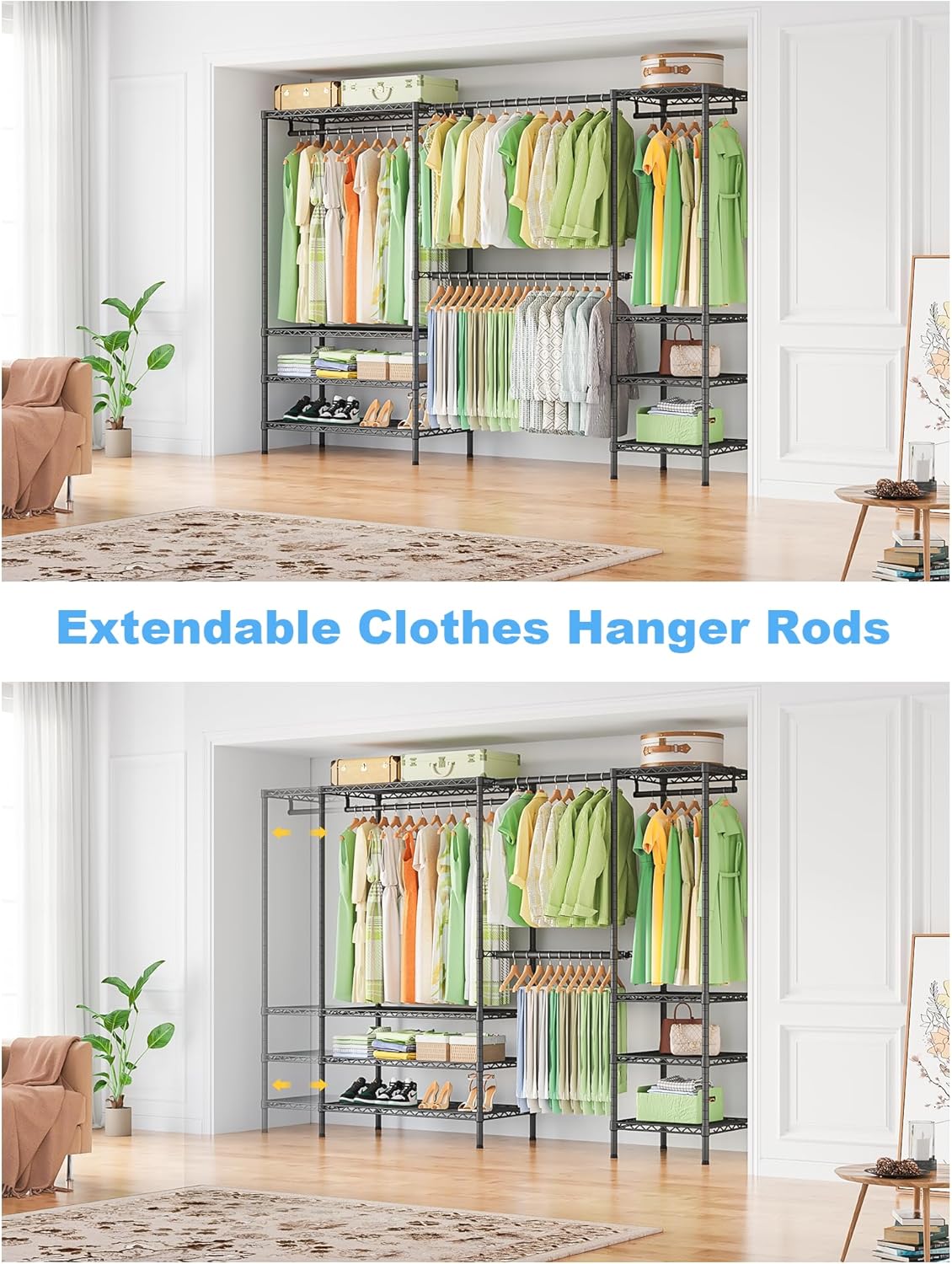 Ulif E11 Heavy-Duty Garment Rack, Metal Freestanding Clothes Rack and Closet Storage Organizer System with 8 Shelves and 4 Hanger Rods, (73.2-97.6)' W x 14.5' D x 71.2' H, Load 1034 LBS, Black